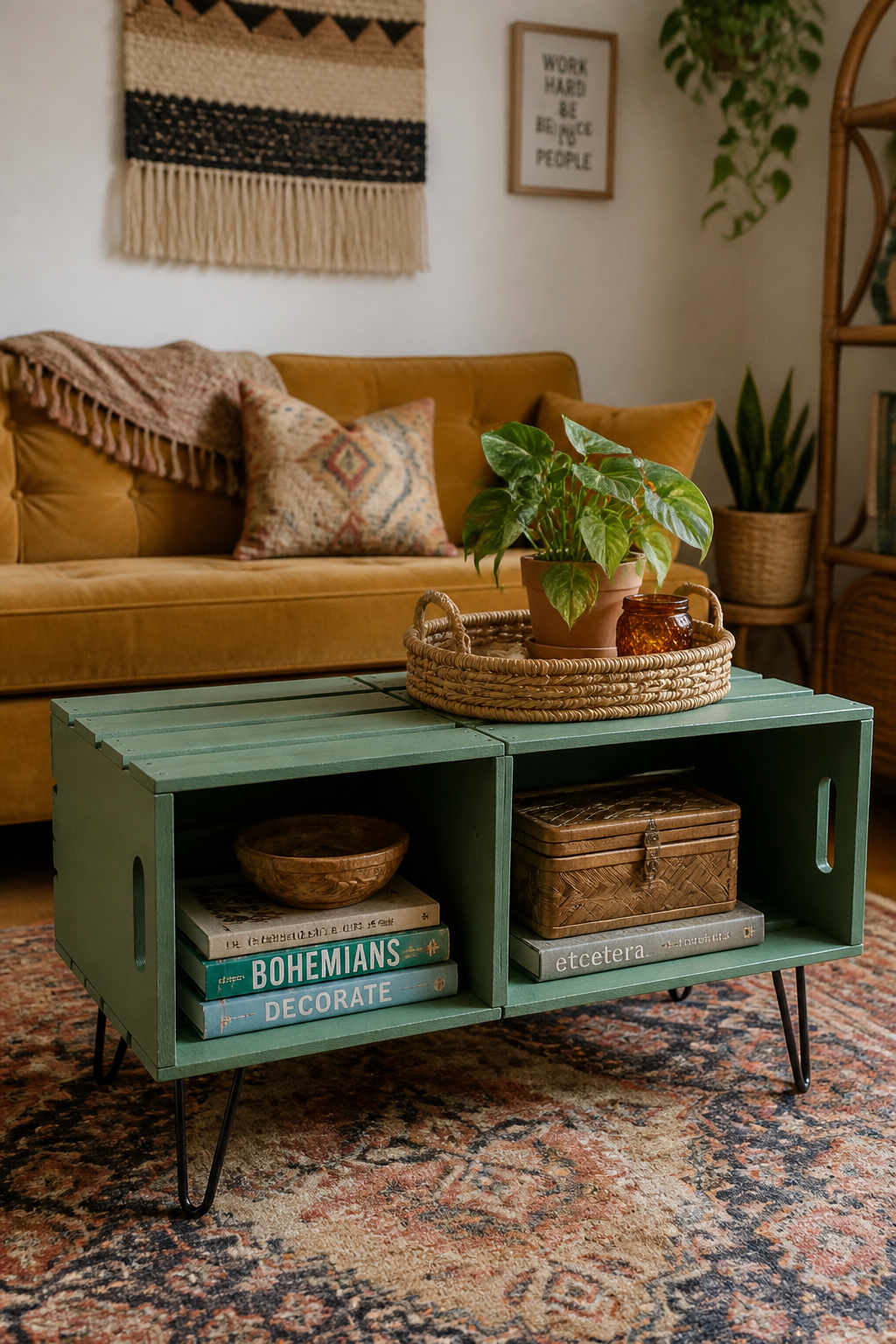 Two painted wooden crates fitted with hairpin legs become a deliberately styled coffee table that costs under $100 and fits a boho living room perfectly.