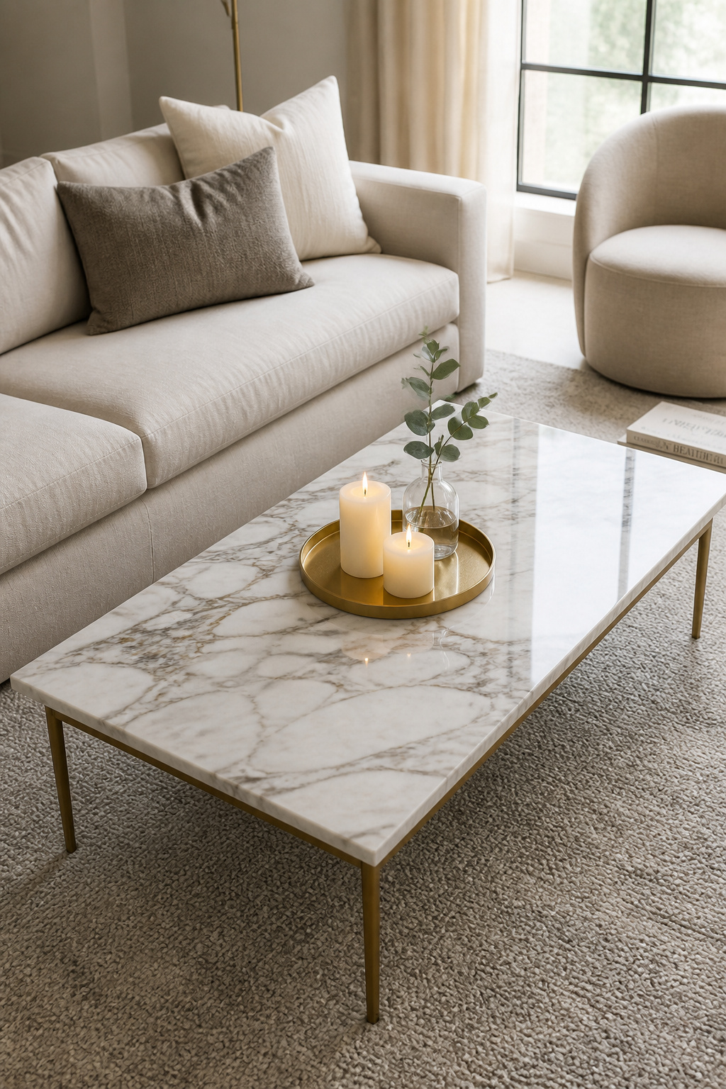 A marble-top coffee table with brass legs becomes the sculptural centerpiece of a refined living room, styled with candles and a single eucalyptus stem.