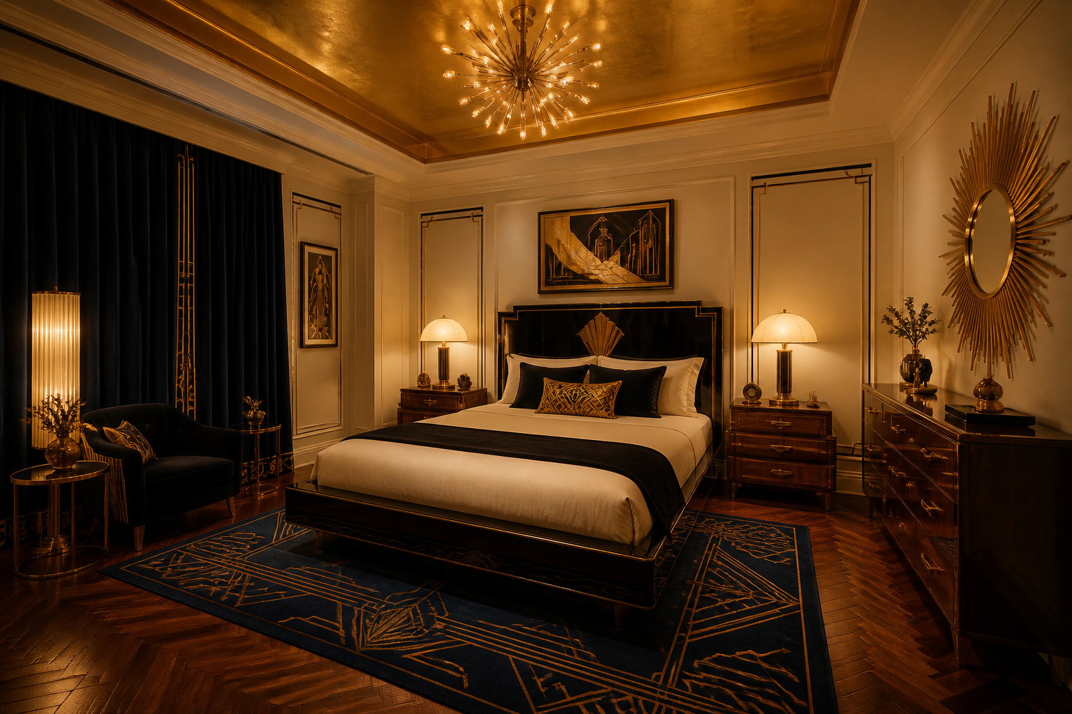 A complete Art Deco bedroom in gold, black, and ivory — the lacquered bed, sunburst mirror, velvet drapes, and herringbone floor working together as a coherent whole.