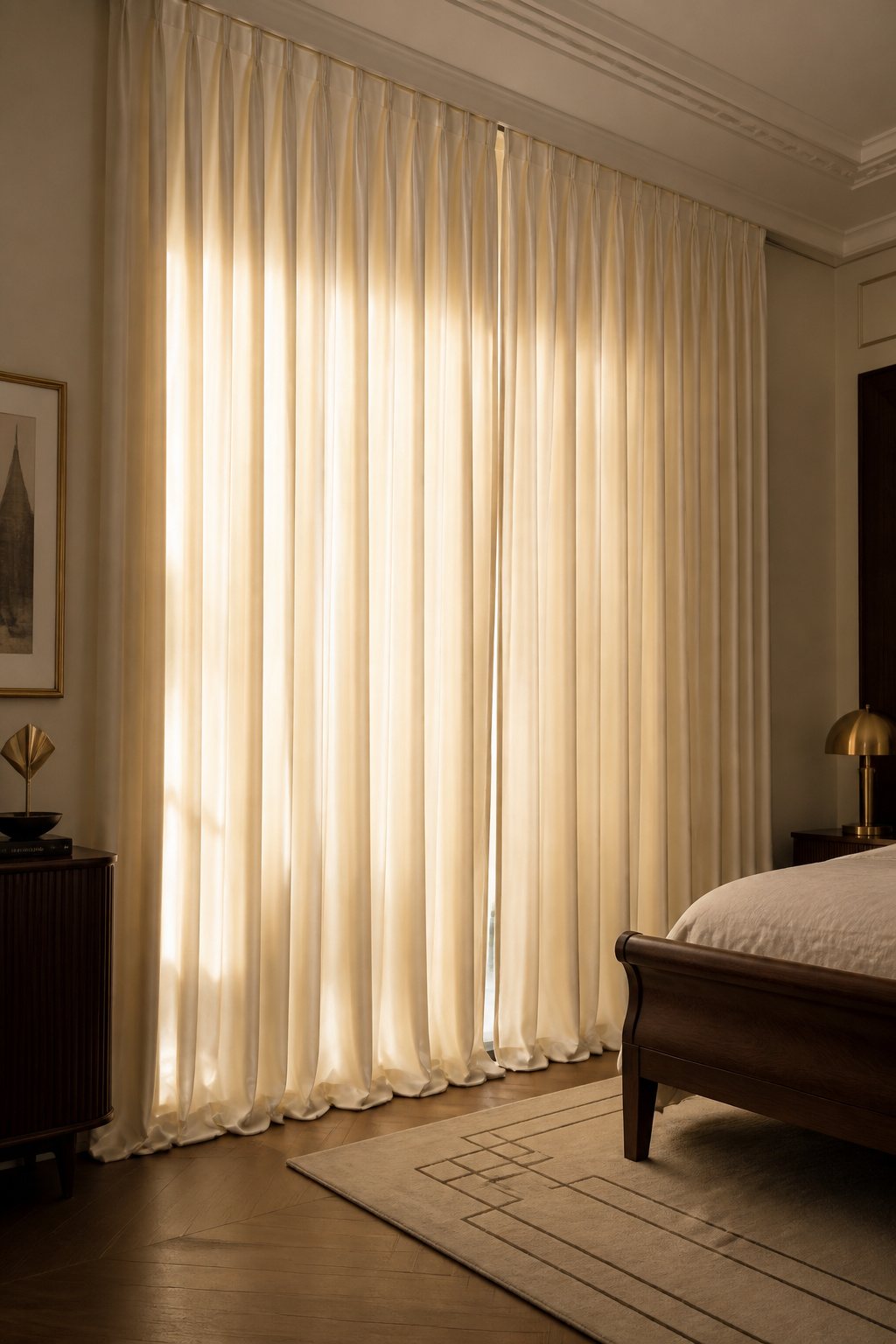 Ivory satin drapes hung from ceiling height — not from the window frame — create the illusion of much taller windows and capture Art Deco's essential quality of theatrical light management.
