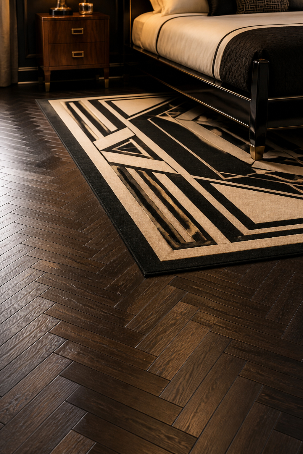 Dark-stained herringbone parquet beneath a geometric rug — the herringbone does the period work even when the rug covers most of it, visible only at the border.