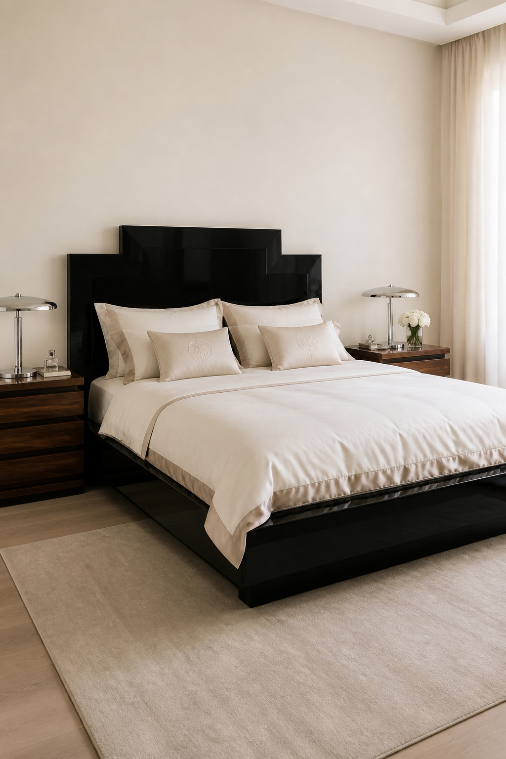 A piano-black lacquered platform bed with a stepped rectangular headboard — the most directly Art Deco bed silhouette — pairs naturally with walnut nightstands and ivory bedding.