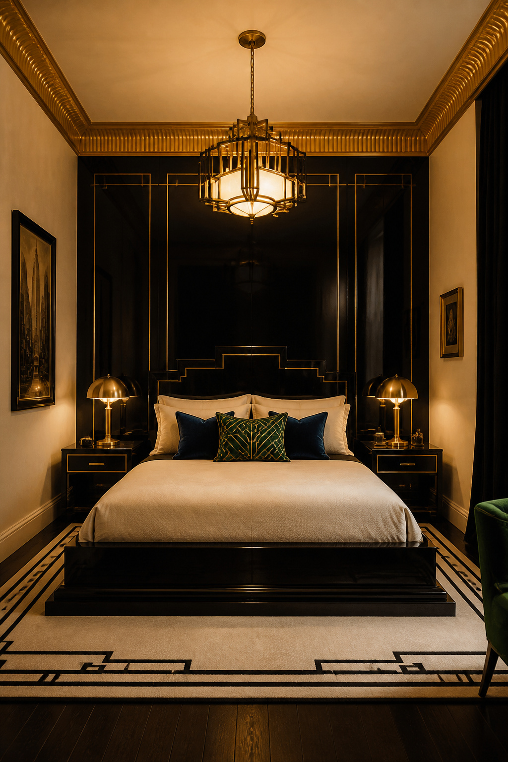 The gold-and-black pairing that defined Ruhlmann's Paris salons — rendered here with a lacquered accent wall, gilded mouldings, and ivory softening tones.