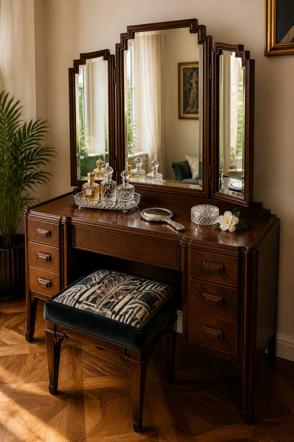 The triptych mirror — central panel flanked by two angled wings — is the defining feature of an Art Deco vanity, transforming even a modest dressing table into a period centrepiece.