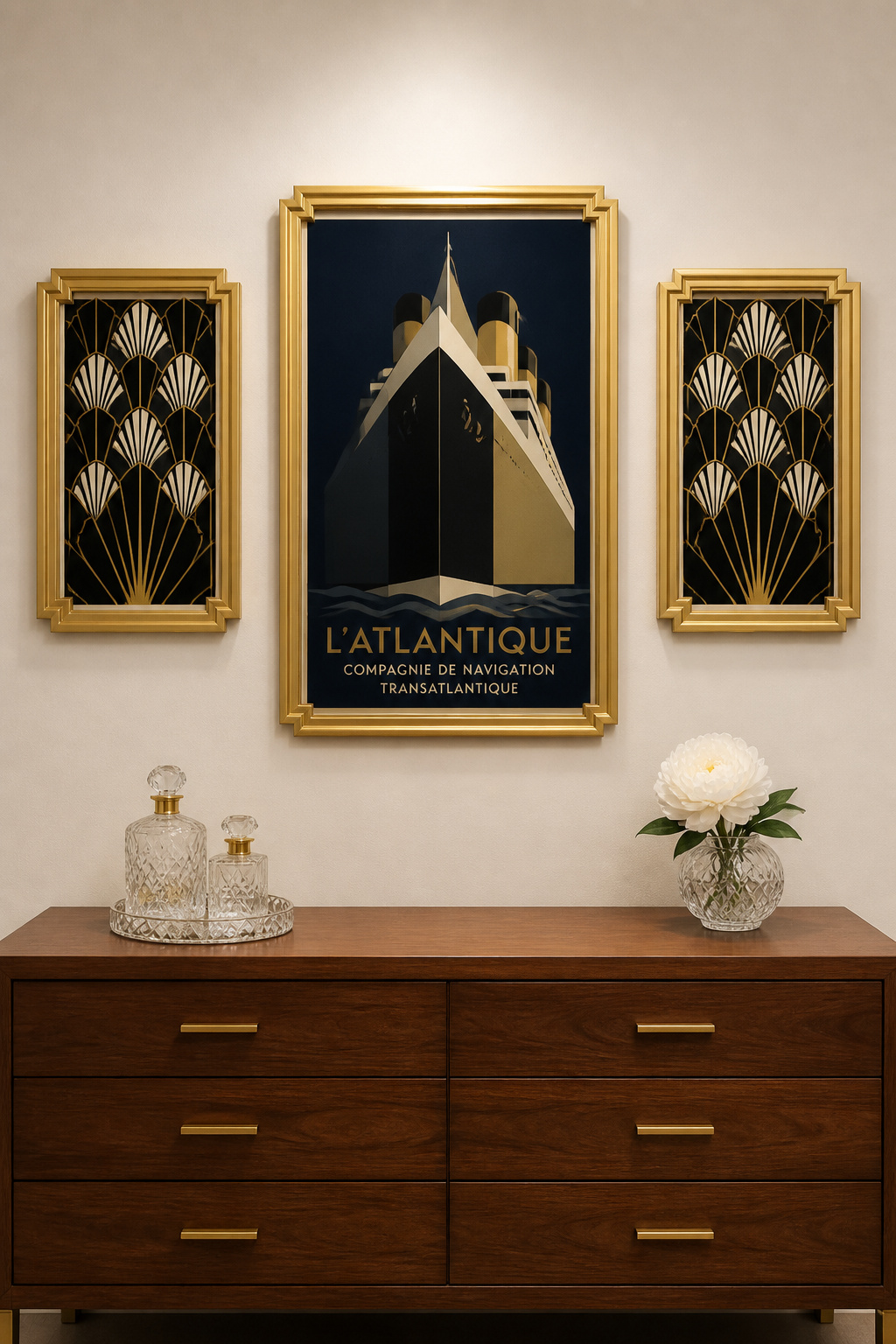 Three stepped gold-leaf framed prints above a walnut dresser — the Cassandre-style centrepiece flanked by geometric fan prints — create a gallery arrangement that reads as Art Deco rather than decorative pastiche.