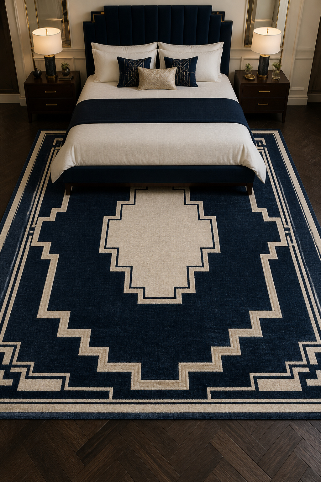 A 270x370cm stepped geometric rug in navy and ivory — the size matters as much as the pattern, since an undersized rug beneath a king bed reads as uncertain rather than considered.
