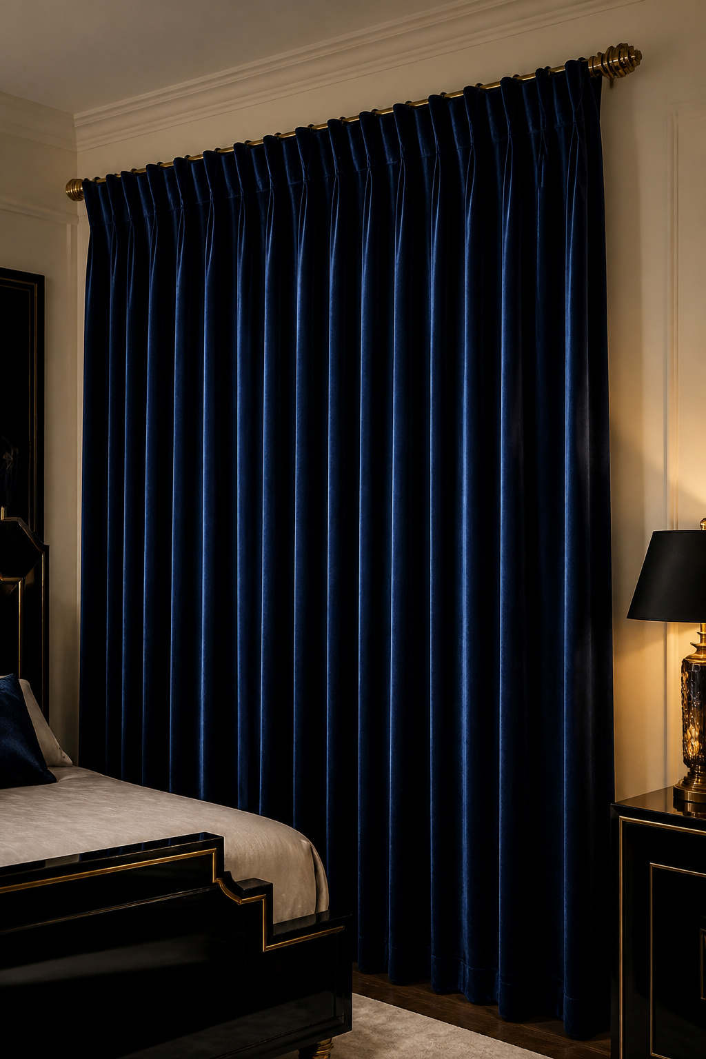 Midnight blue velvet drapes in goblet-pleat header — the pleat style and hanging height (at ceiling, not at the window frame) are both critical to reading as Art Deco rather than simply theatrical.