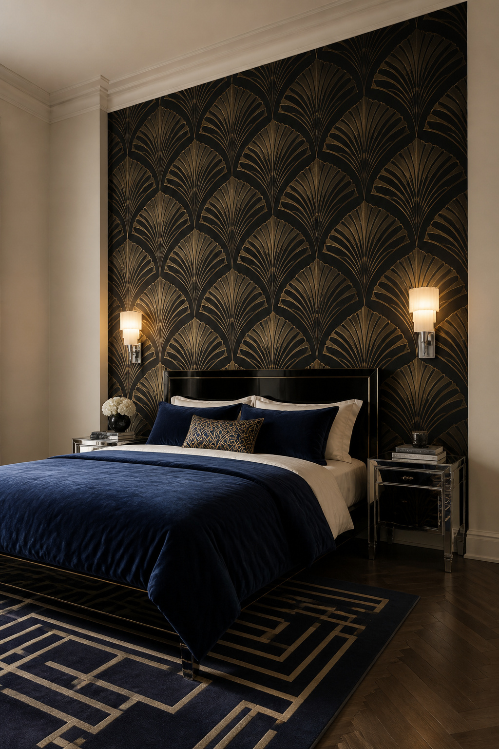 A fan-pattern wallpaper in gold and charcoal functions as the room's dominant Art Deco element — the bed and sconces complete the composition without competing.