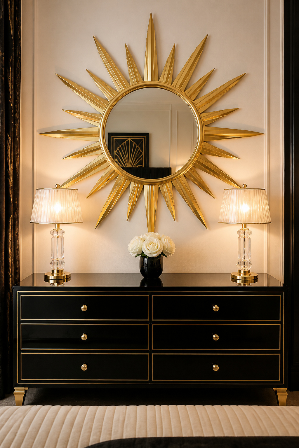 A 90cm polished gold sunburst mirror above the dresser — the single most recognisable Art Deco motif, and the most direct visual connection to the Egyptian revival that defined the 1920s design moment.