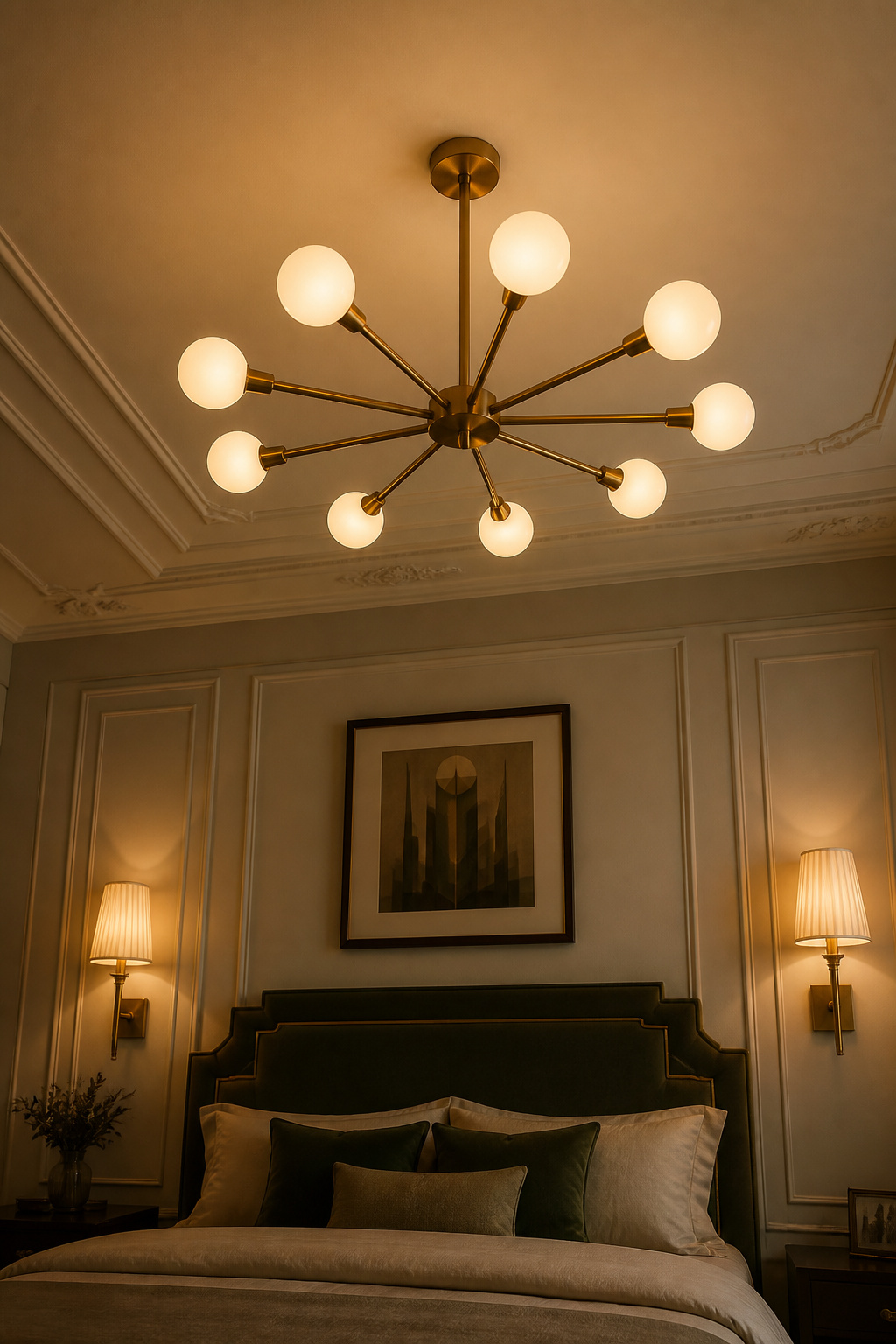 A twelve-arm sputnik chandelier in brushed brass with frosted glass globes — paired with matching sconces at headboard height — creates the layered, warm lighting Art Deco interiors were designed around.