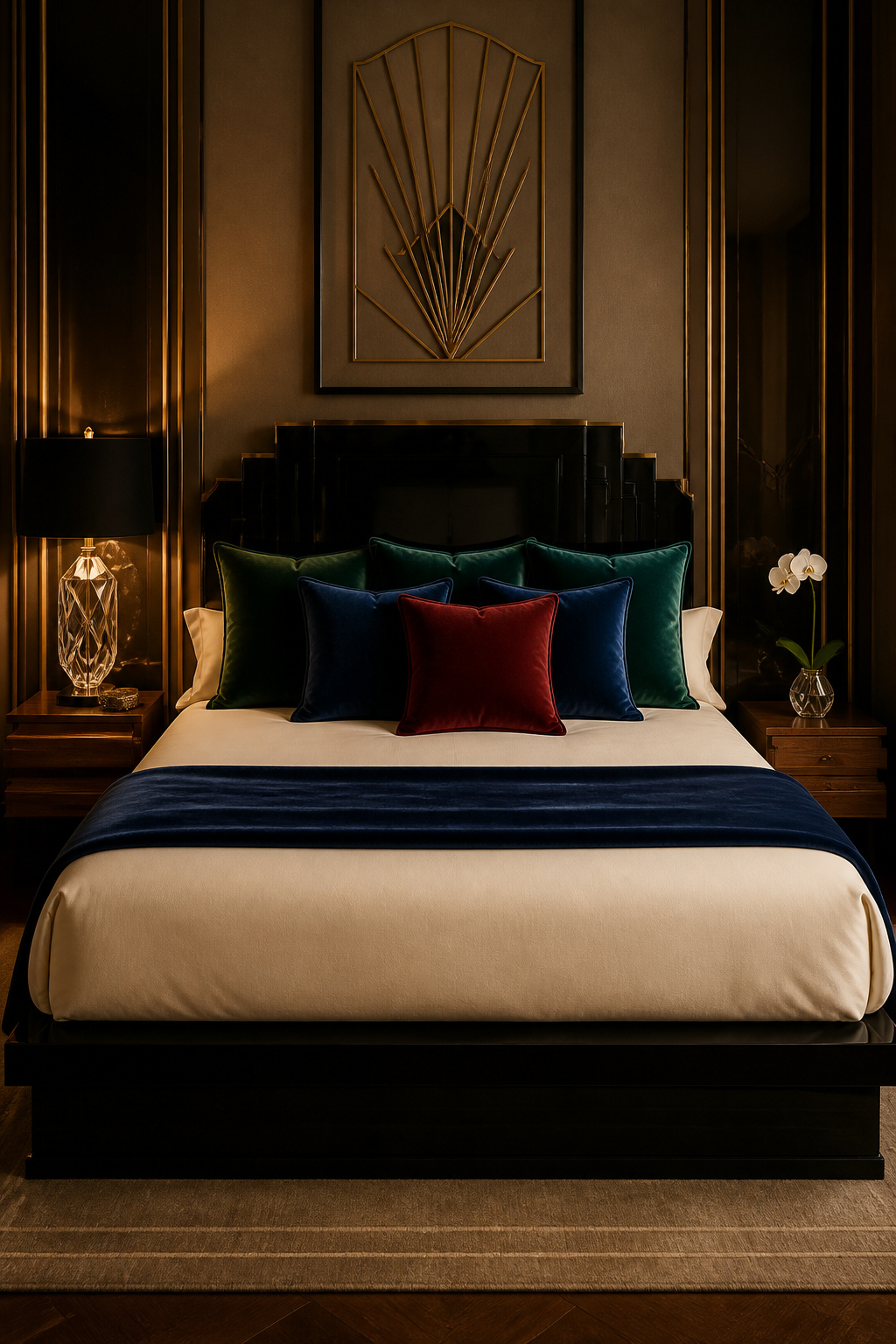 Jewel-tone velvet cushions in emerald, sapphire, and a single ruby accent translate the gemstone language of 1920s jewellery design directly into the bedroom.