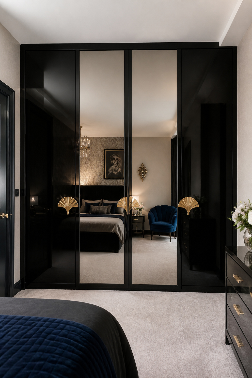 A floor-to-ceiling lacquered black wardrobe with alternating mirrored and solid panels — the wardrobe becomes an architectural feature rather than storage furniture.