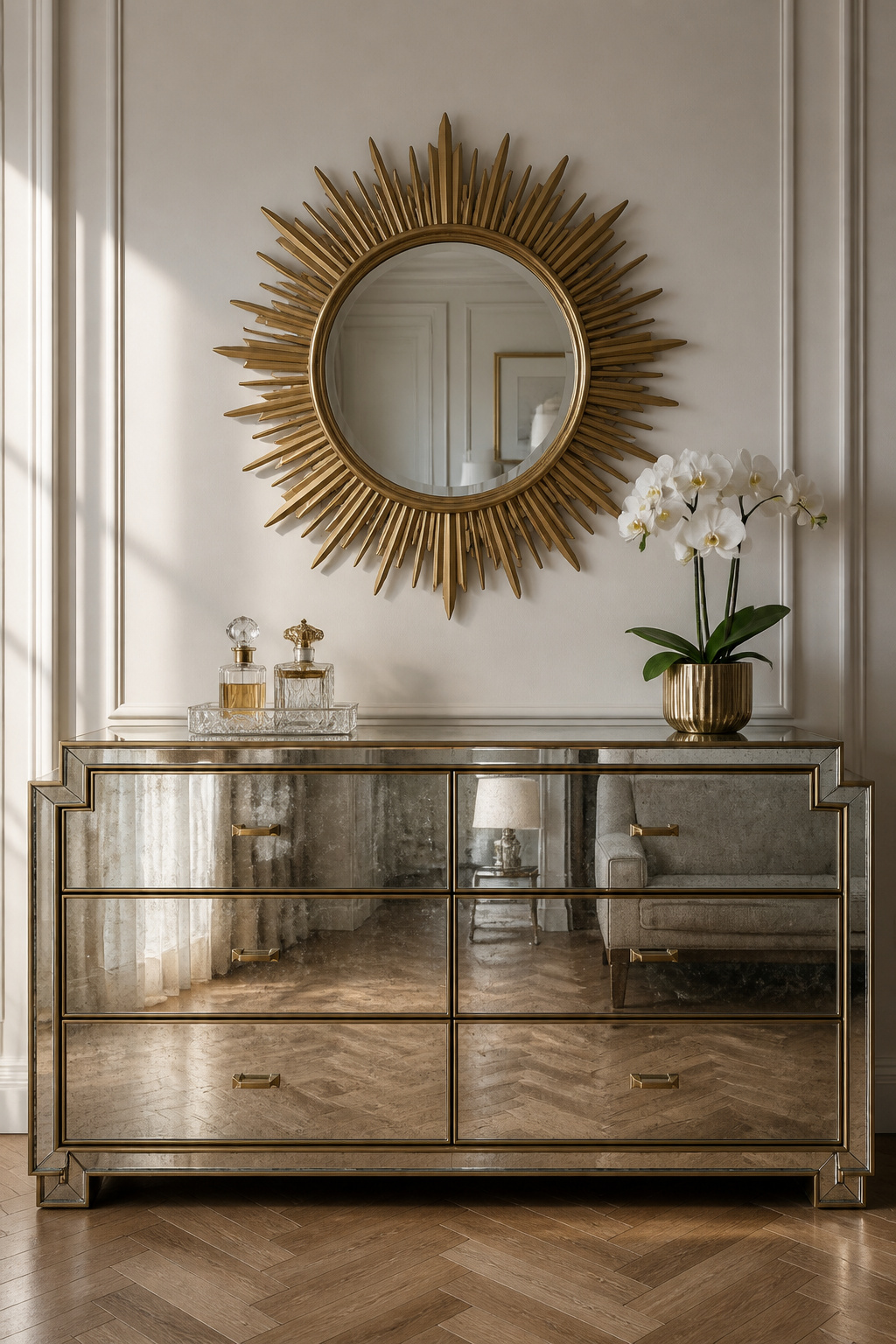 Antiqued mirrored drawer fronts — with their slight foxing and grey-brown tint — feel more authentically Deco than clear mirror panels, and they reflect the room without dominating it.
