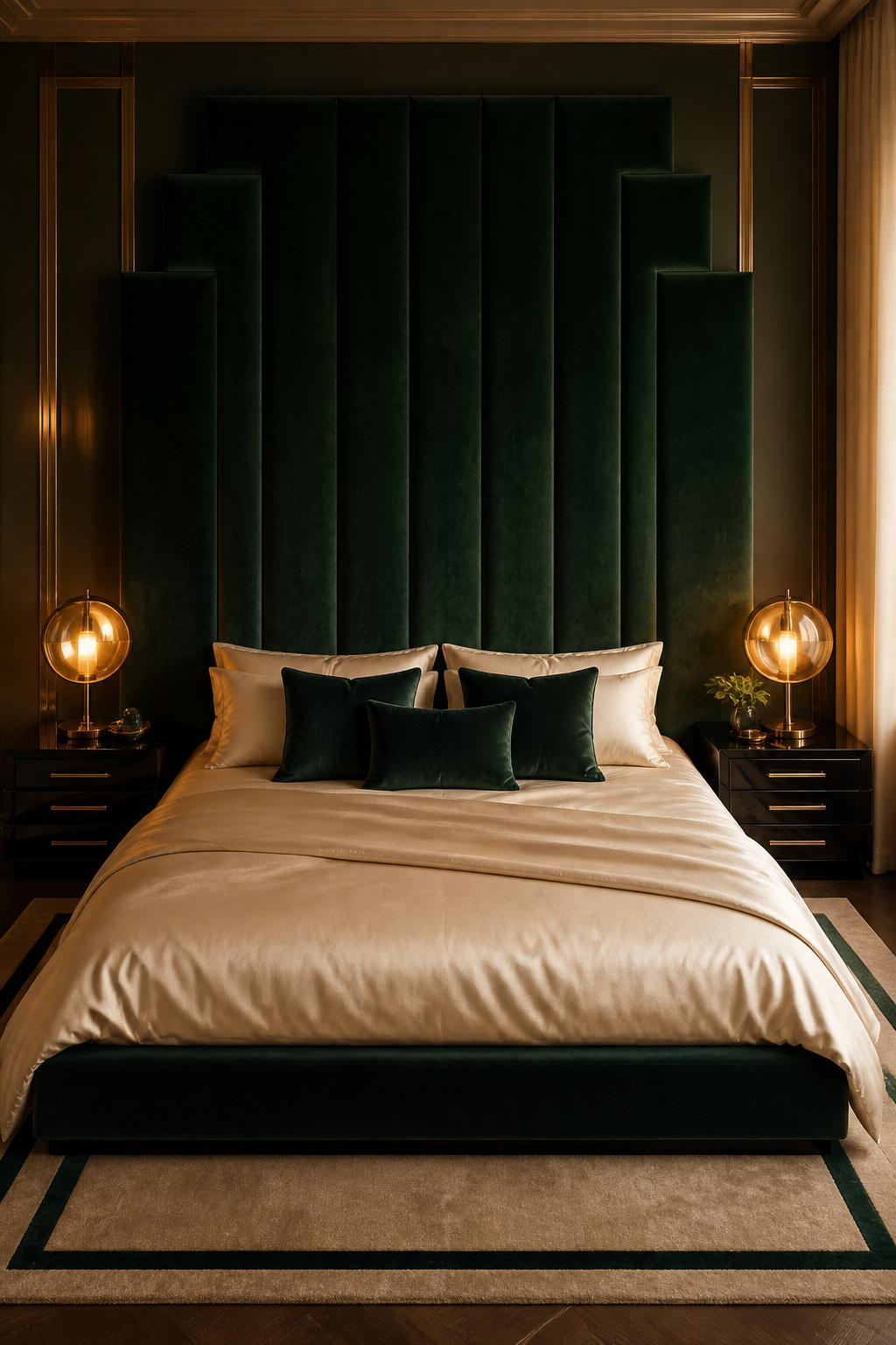 A stepped bottle-green velvet headboard demands nothing else from the headboard wall — its presence is sufficient, and symmetrical nightstands complete the composition.