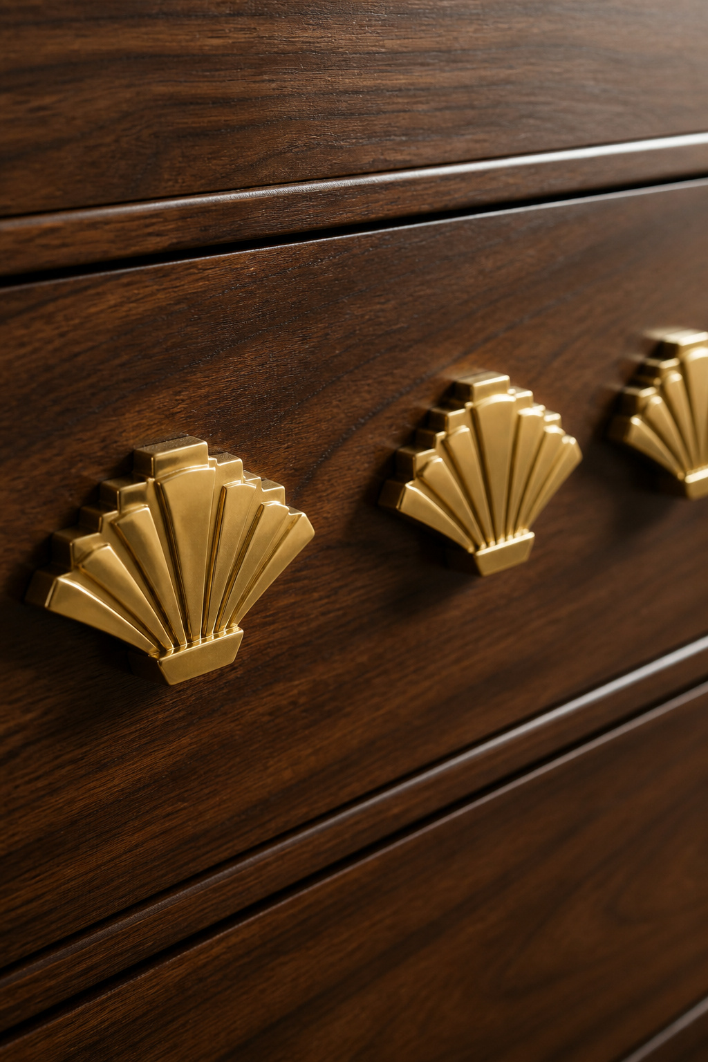 Fan-shaped brass drawer pulls — the single most recognisable Art Deco hardware form — transform a plain walnut dresser into a period piece for under £40 total.