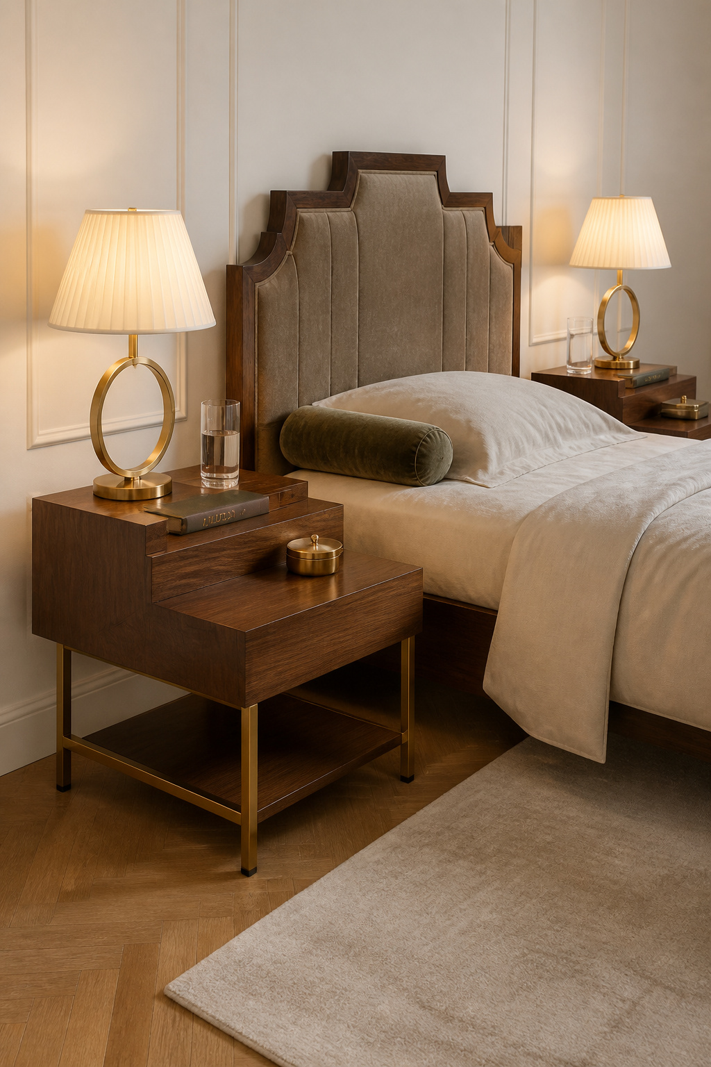 A matching pair of stepped walnut nightstands with brushed brass legs — the tiered silhouette is the most direct reference to Art Deco's Aztec and architectural influences.