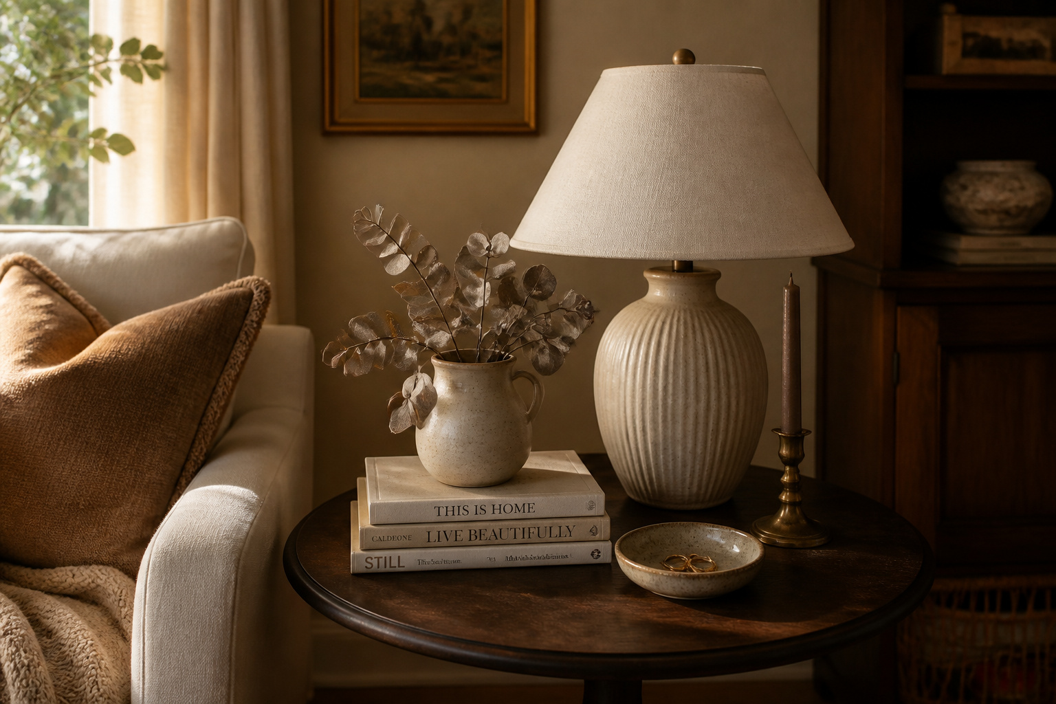 Five intentional objects — lamp, books, botanicals, brass candlestick, and stoneware dish — styled on a walnut end table to show what considered end table decor looks like in practice.