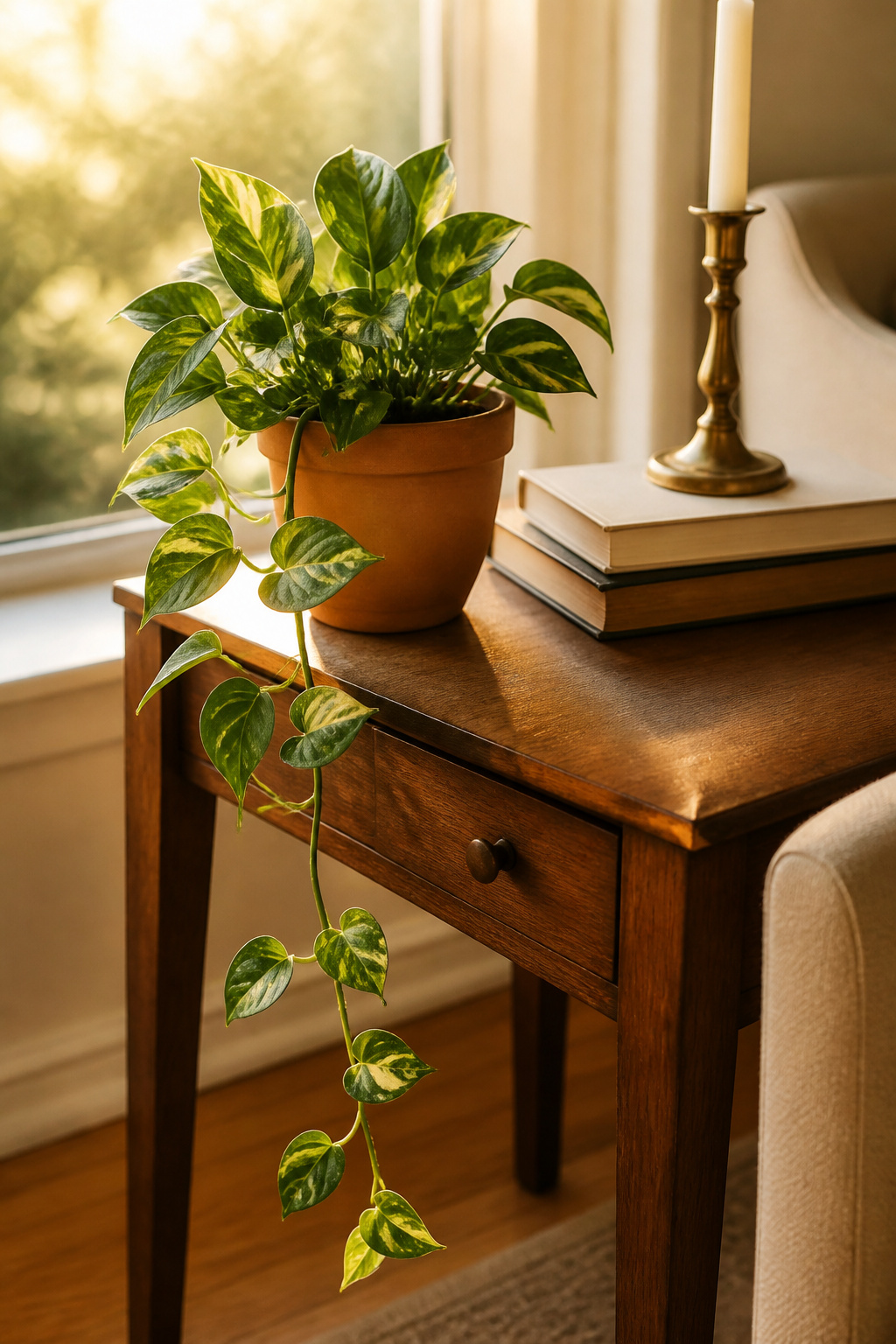 A trailing pothos in a terracotta cachepot turns a walnut end table into a living moment — the vine down the leg makes the whole arrangement feel like it grew there.