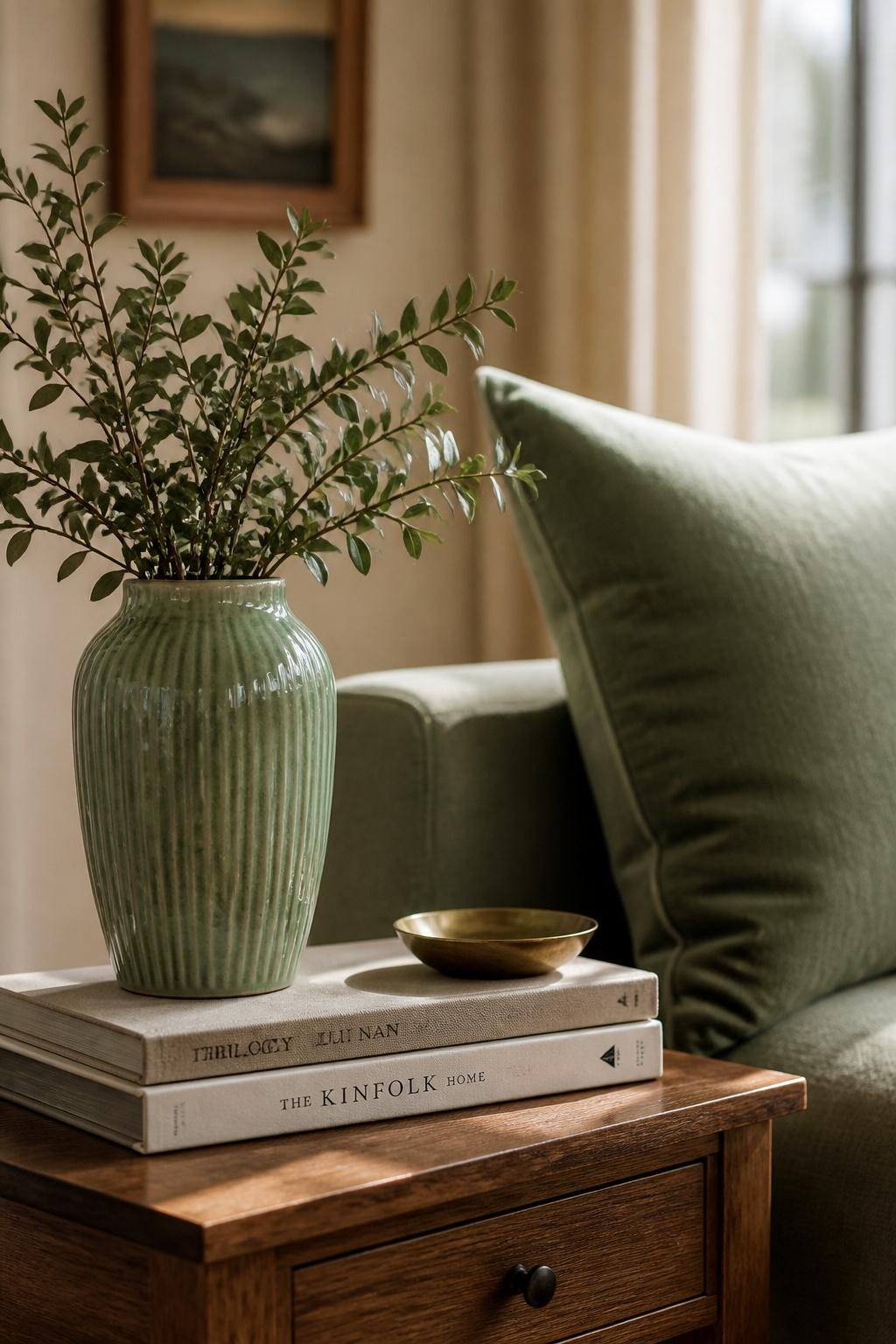 A sage green ceramic vase on the end table echoes the sofa cushions behind it — this deliberate colour repetition is what makes the room feel considered rather than assembled.