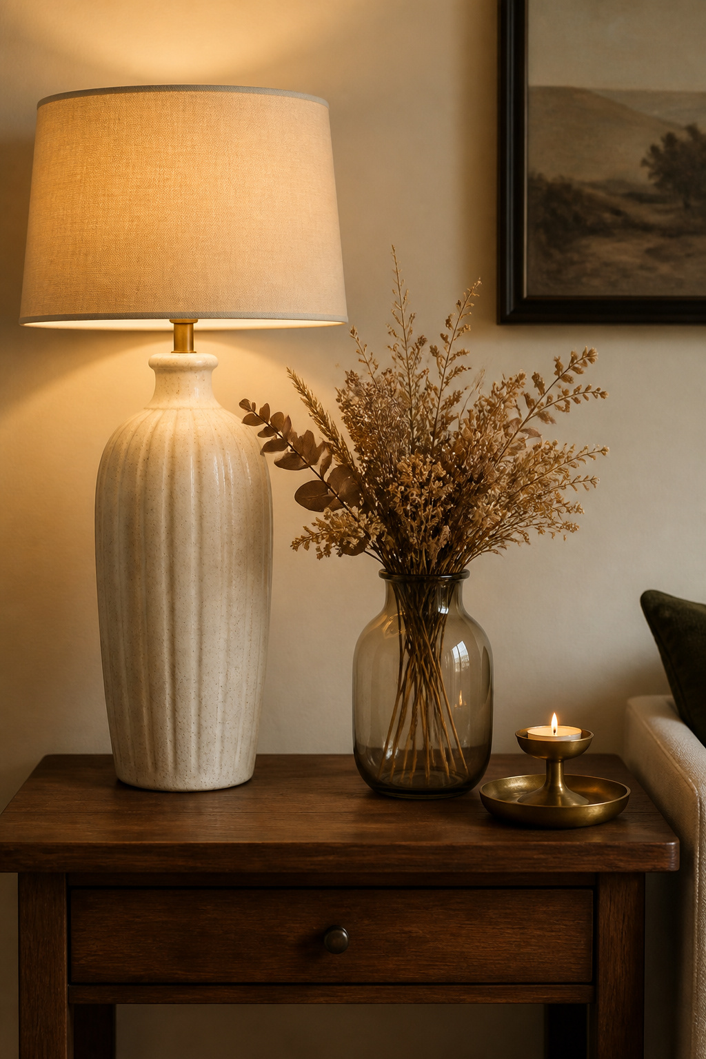 The three objects on this end table — lamp, botanicals, candleholder — form a clear visual triangle that guides the eye across the surface naturally.