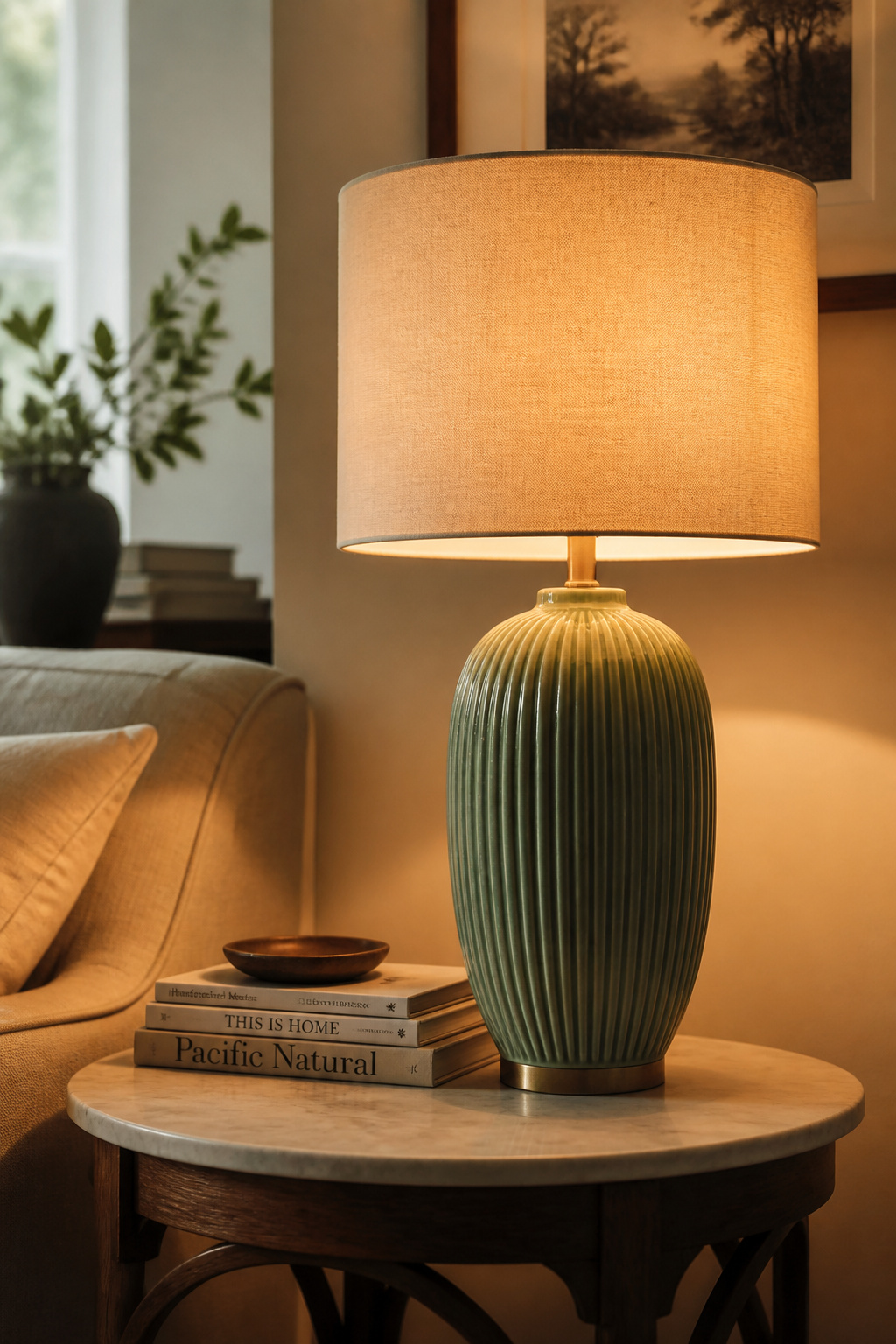 A ribbed ceramic lamp base in sage green gives this end table its vertical anchor — the linen shade diffuses warmth rather than glare.