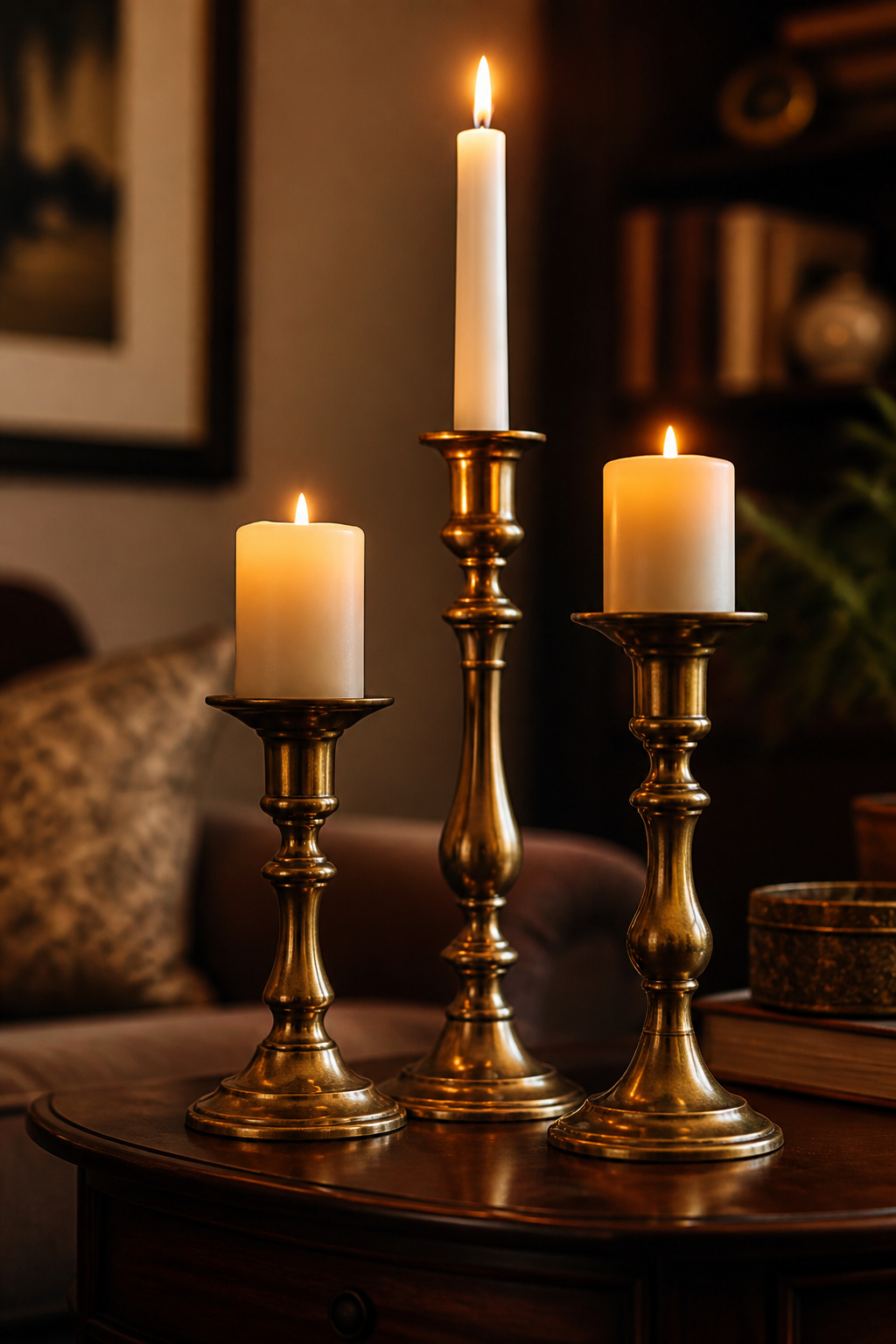 Three mismatched vintage brass candlesticks at different heights turn a walnut end table into an evening focal point.