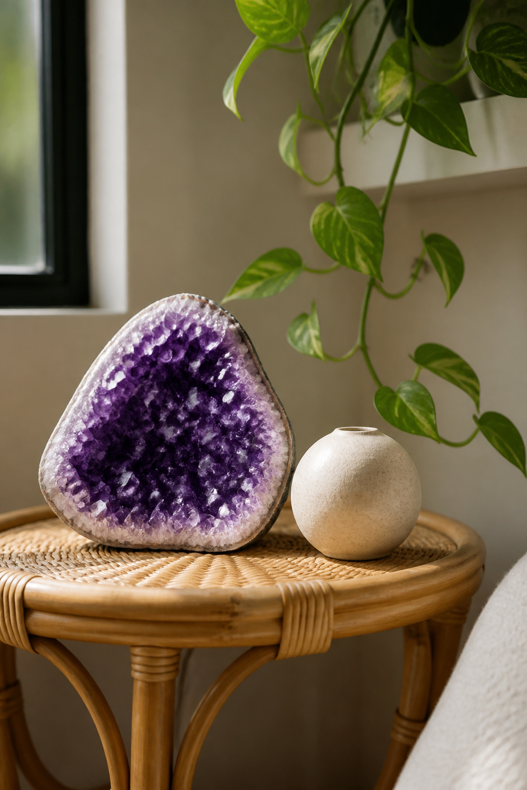 An amethyst cluster and ceramic orb create a sculptural pairing on this rattan end table — their shared organic texture makes them read as a pair despite different materials.