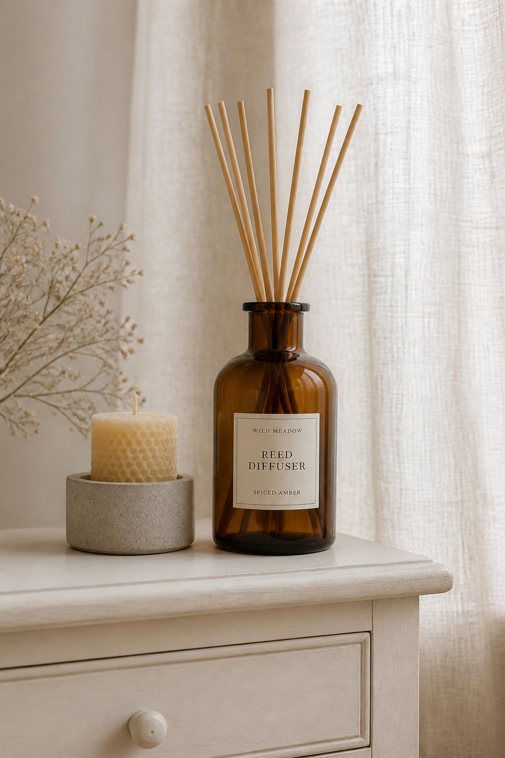 A reed diffuser and a beeswax pillar candle on an end table — two scent objects that pull double duty as sculptural accents.