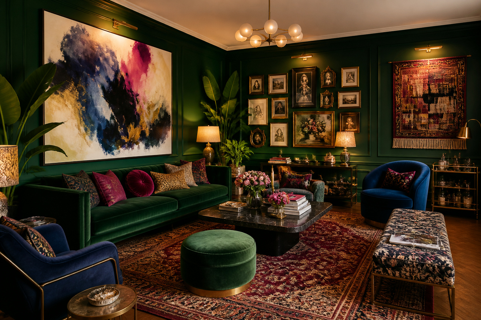 A maximalist living room integrates three distinct wall art approaches — oversized canvas, gallery wall, and textile hanging — in a jewel-toned space that proves more is always more.