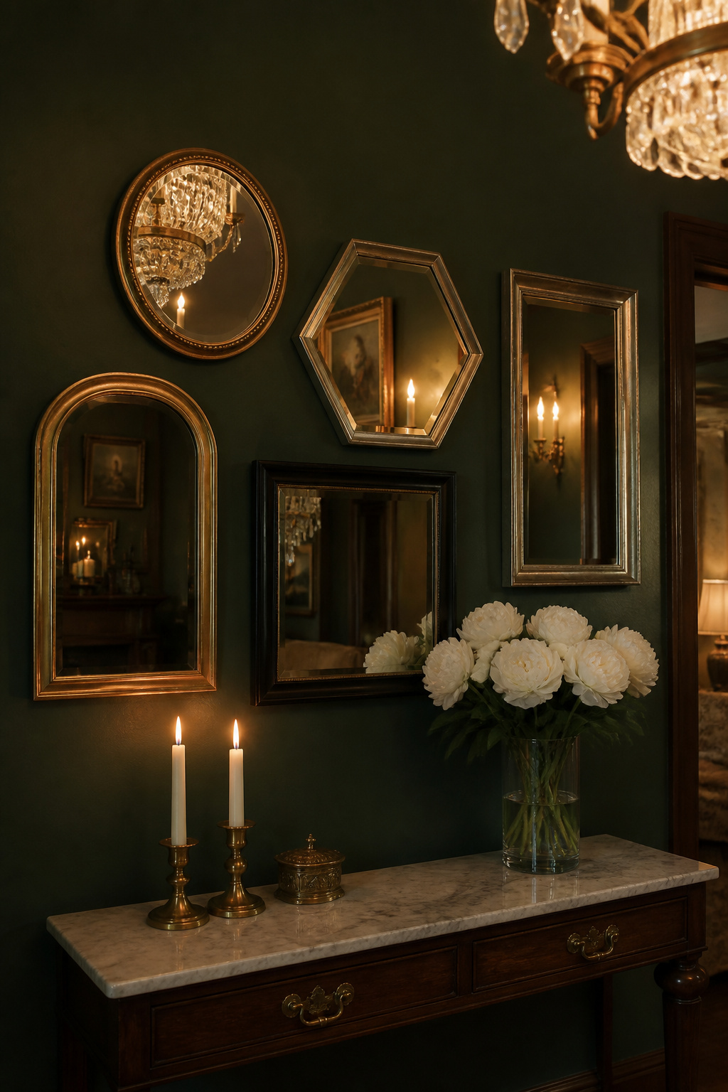 Five vintage mirrors in varied shapes and gilded frames compose a deliberate wall display above a marble console, reflecting candlelight across a dark hunter green living room wall.