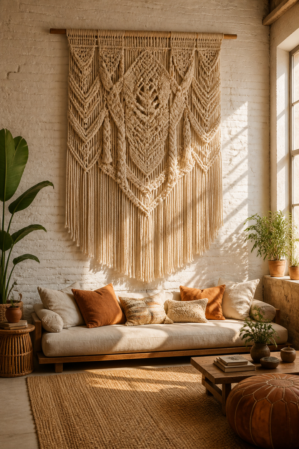 A 42-by-60-inch macramé wall hanging in natural cotton rope — complex knotwork transitioning to loose fringe — hangs on a whitewashed brick wall above a linen sofa in a warm boho living room.