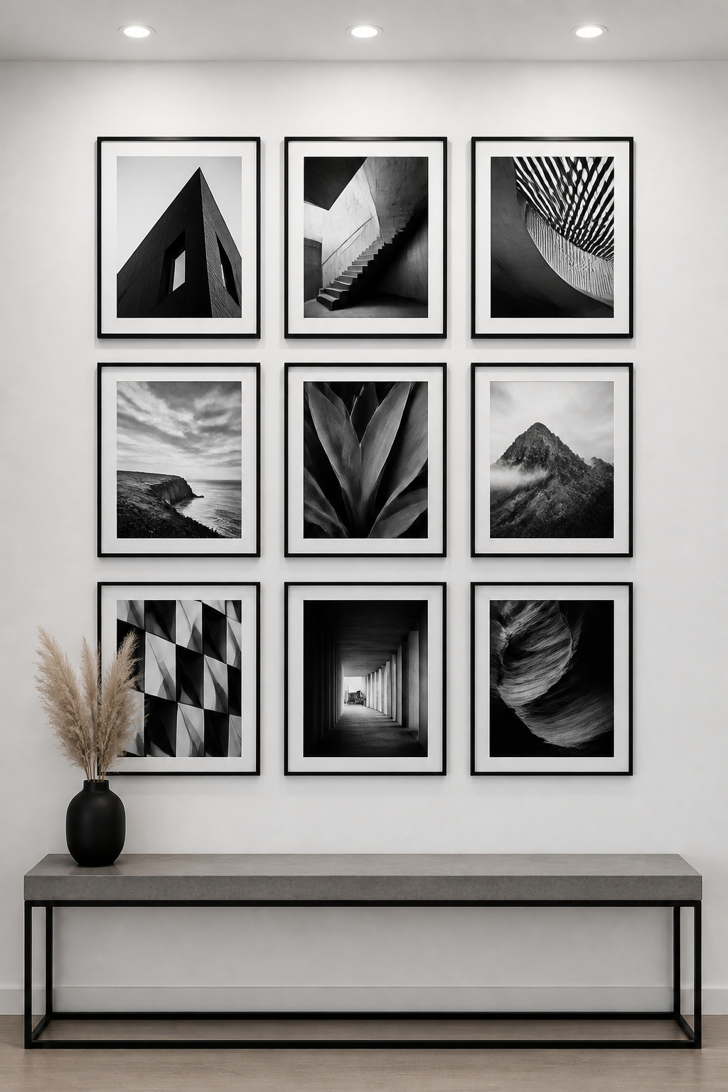 A 3×3 grid of matching black-framed black-and-white photographs hangs on a white wall above a concrete console, precise and graphic in its arrangement.
