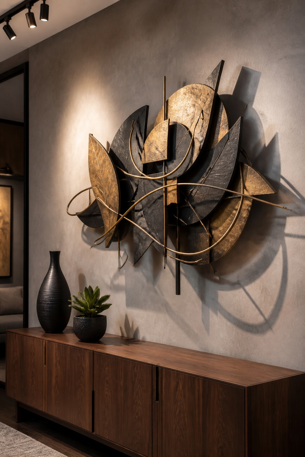 A large raw brass and iron sculptural piece casts dramatic shadows on a grey plaster wall above a walnut credenza, its layered metal forms shifting visually with the directional light.