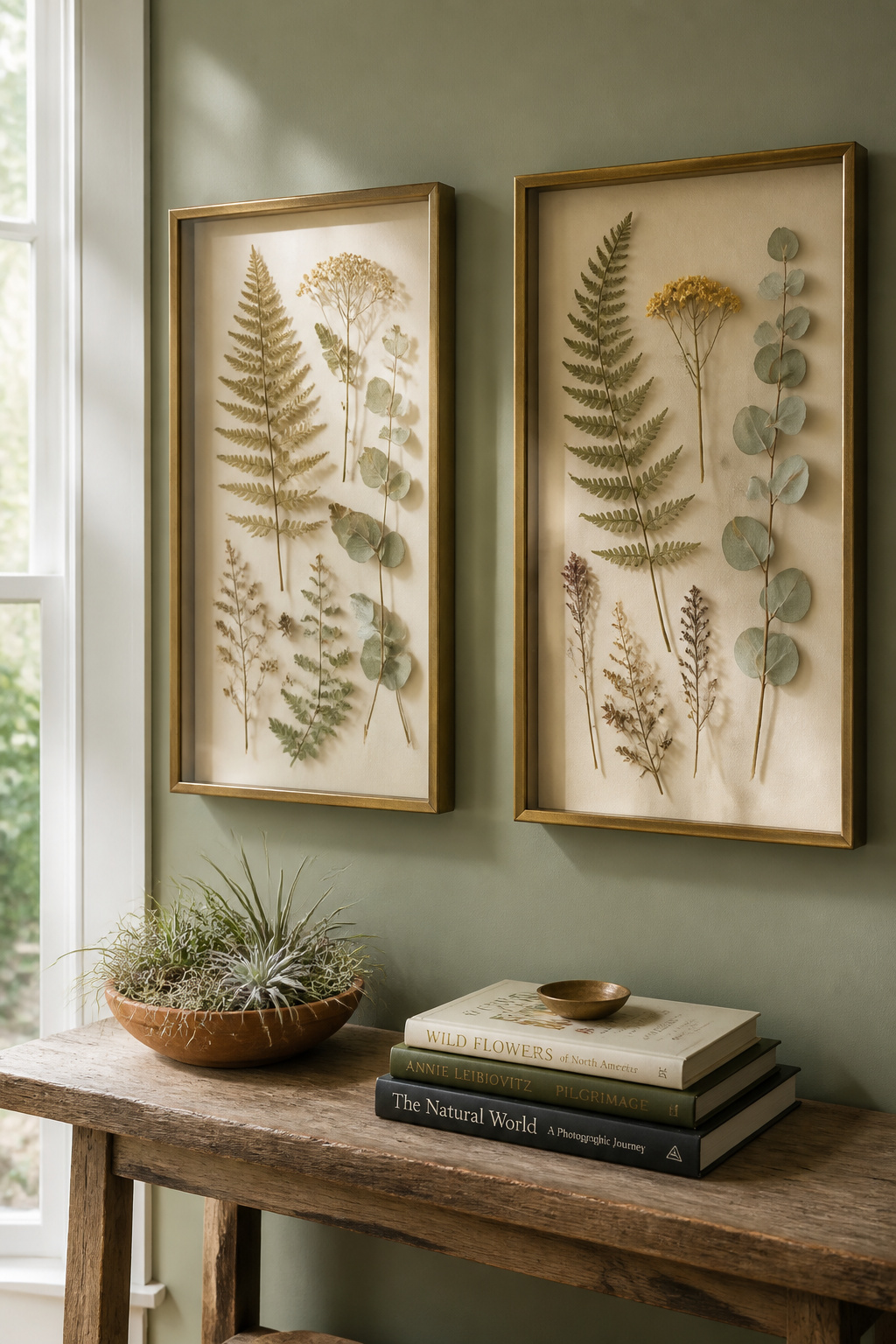 Two brass-framed shadow boxes with pressed botanicals — ferns, wildflowers, eucalyptus — hang on a sage green wall above a reclaimed wood console, naturalist and precise.