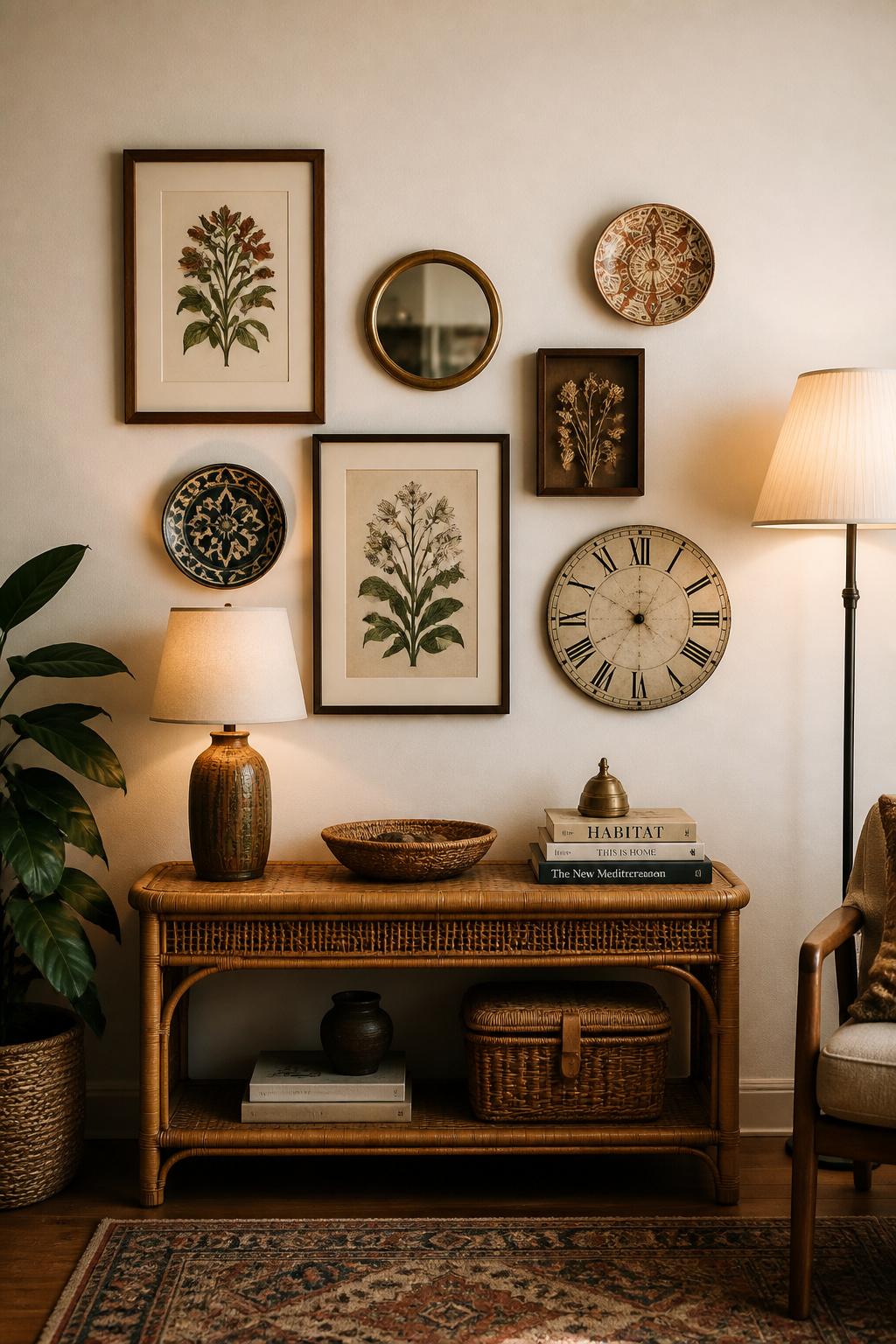 A mixed media gallery wall combines framed botanicals, a round mirror, ceramic wall discs, a vintage clock face, and a dried flower shadow box in a loose, collected composition above a rattan console.