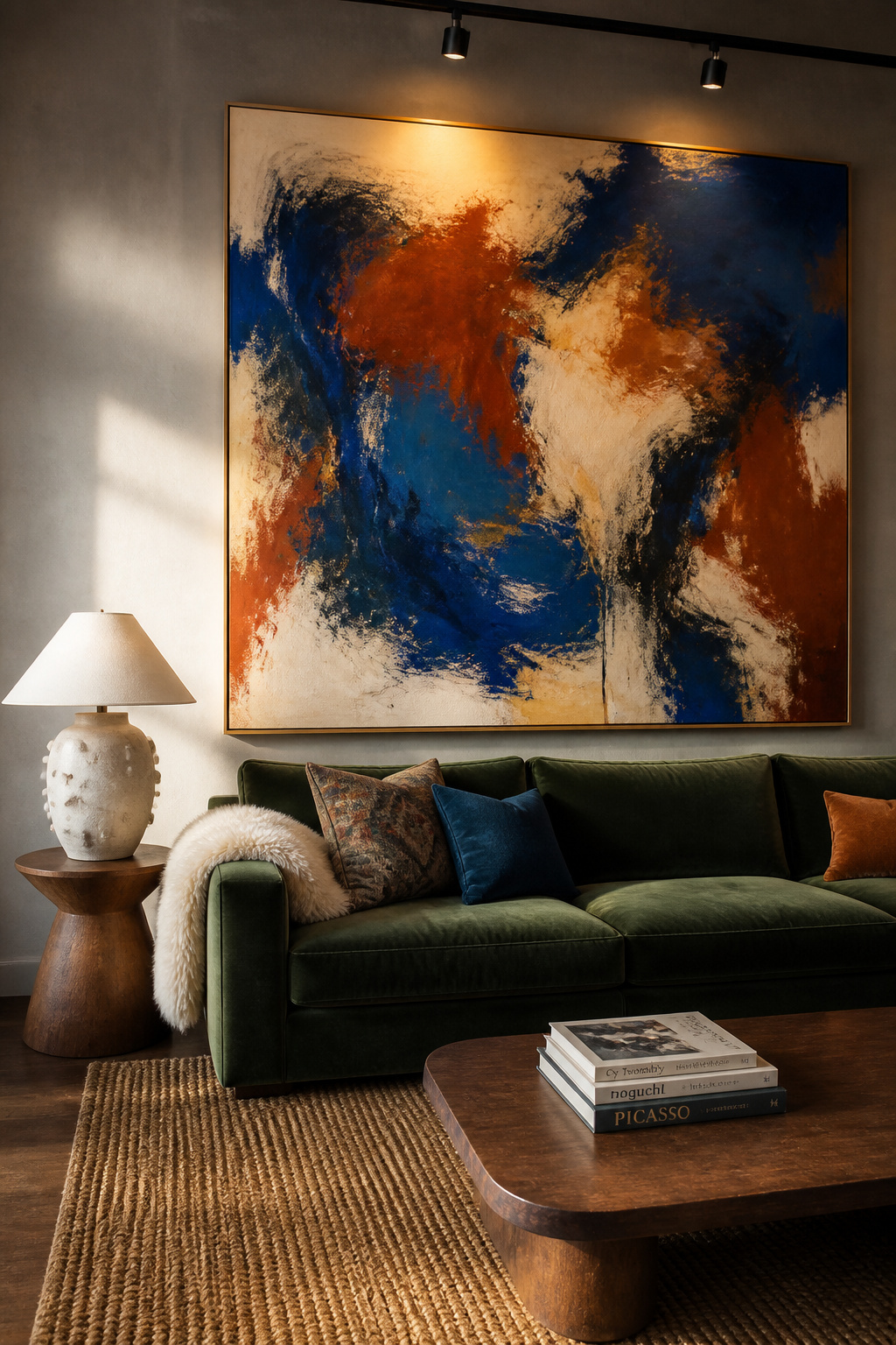 An oversized abstract canvas in cobalt, sienna, and cream commands the wall above a green velvet sofa, with warm track lighting pulling the eye directly to the art.