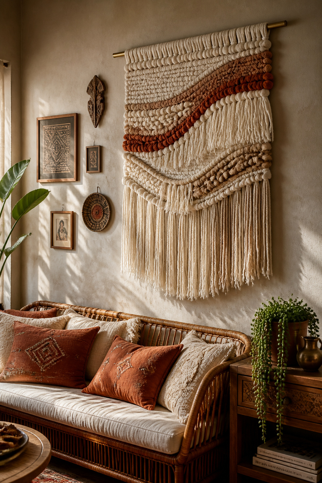 A handwoven textile hanging in cream, ochre, and rust hangs on a taupe wall above a rattan sofa, its fringe and fiber texture catching warm afternoon light.