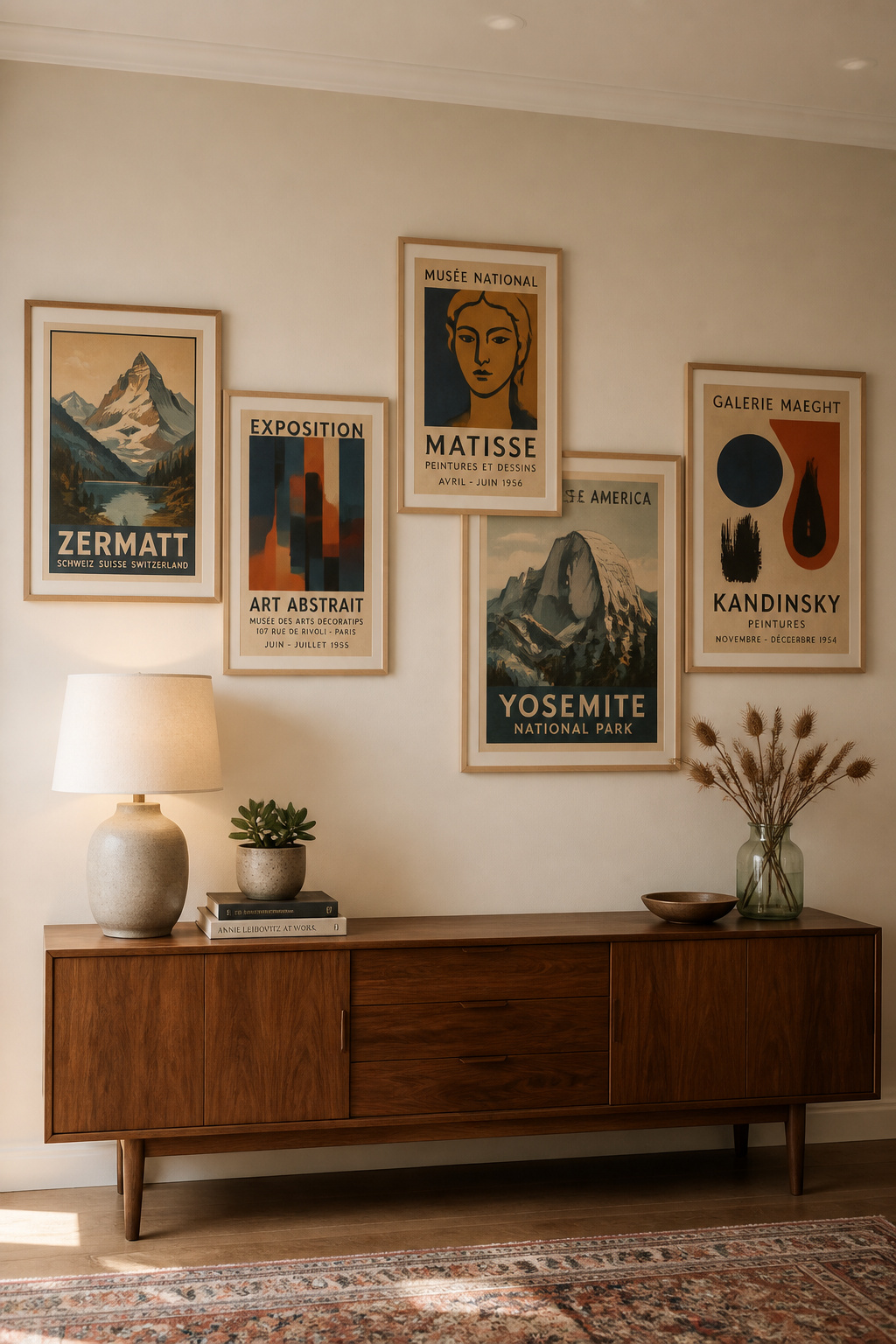 Five mid-century travel and exhibition posters in a shared palette of navy, ochre, and coral hang in maple frames above a walnut credenza in a cream-toned living room, their faded lithographic colors warm and consistent.