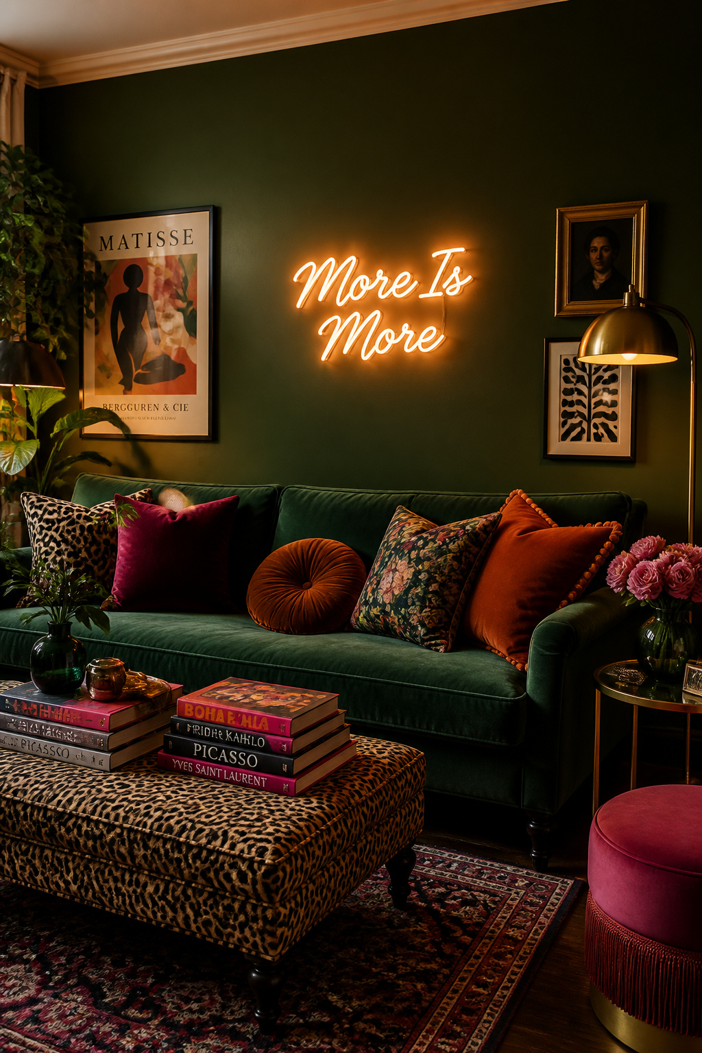 A warm peach neon sign reading "More Is More" glows against an olive green wall above an emerald velvet sofa, the living room furnishings echoing the maxim with layered jewel-toned pillows.