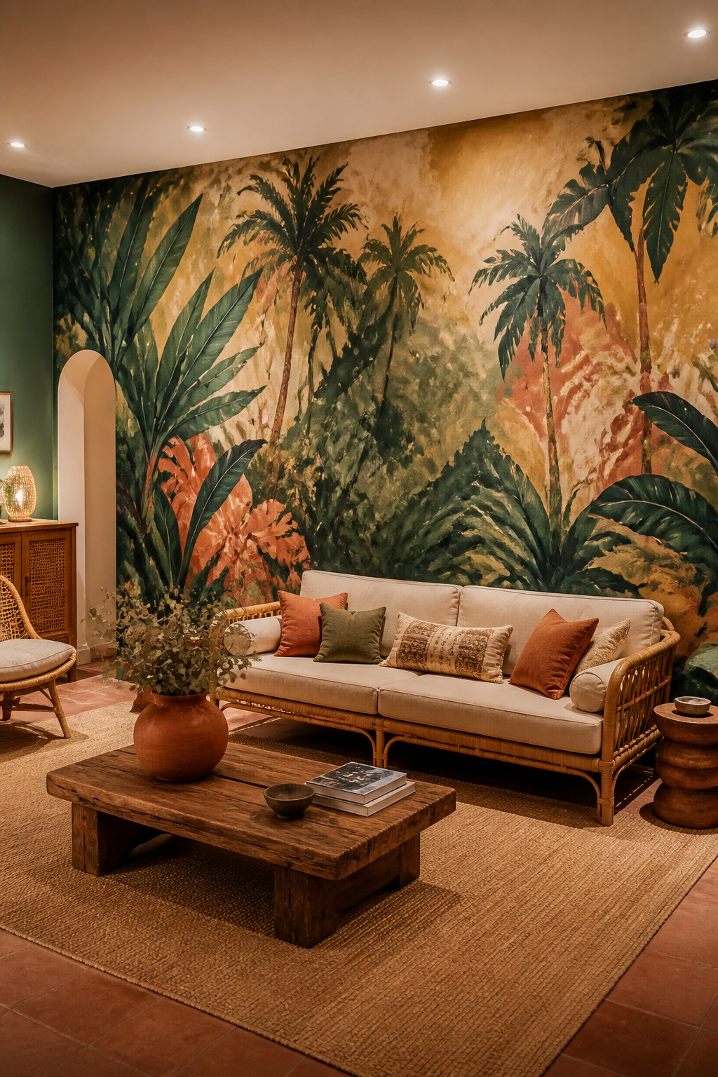 A hand-painted tropical forest mural in deep green, ochre, and terracotta spans the full living room wall, the loose expressive style turning the entire surface into a single work of art.