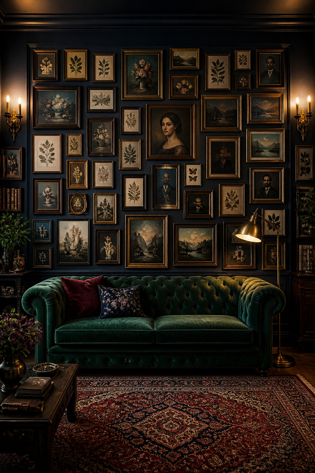 A salon-style gallery spans floor to ceiling with jewel-toned prints in gilt frames against a navy wall, anchored by a green velvet chesterfield and brass lighting.