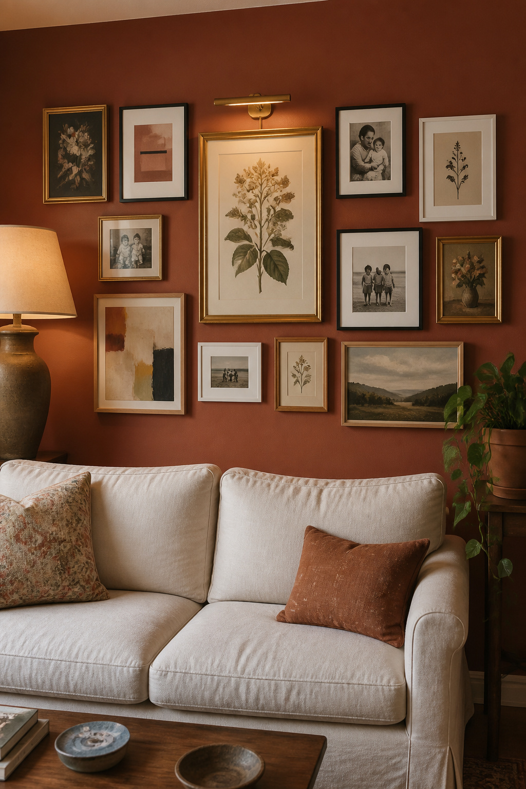A gallery wall in mixed antique gold, black, wood, and white frames spans a terracotta wall above a cream linen sofa, with everything from botanicals to abstract prints filling the arrangement.