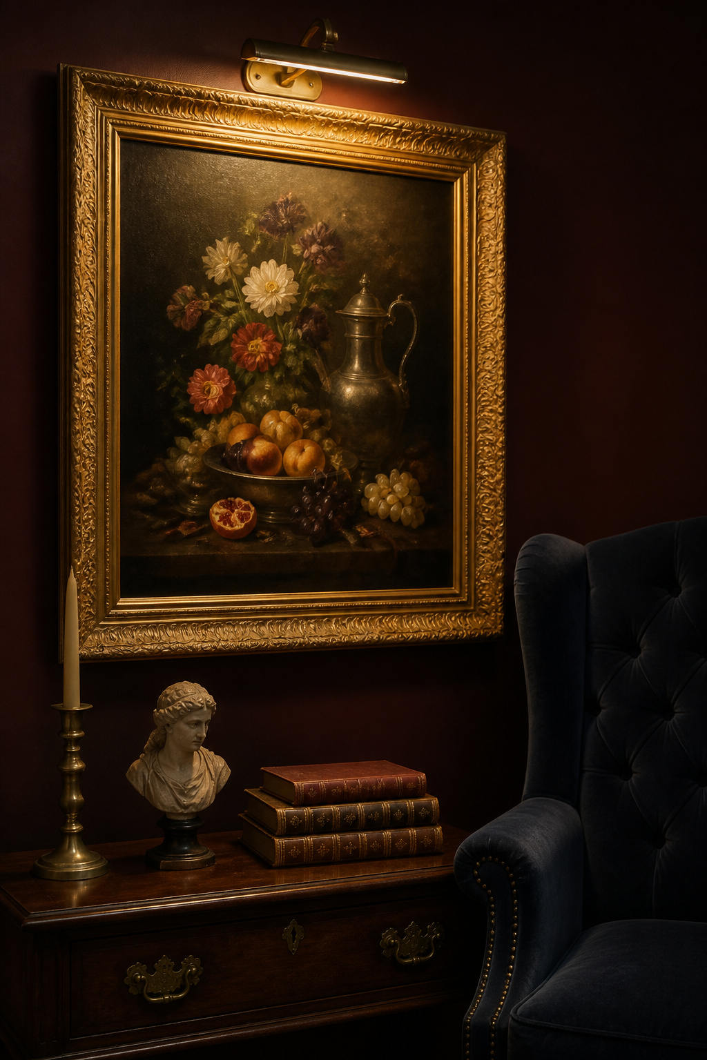 A gilded Flemish still life reproduction hangs on a deep burgundy wall above a vignette of brass candlestick and leather books, lit by a warm picture light mounted to the ornate frame.
