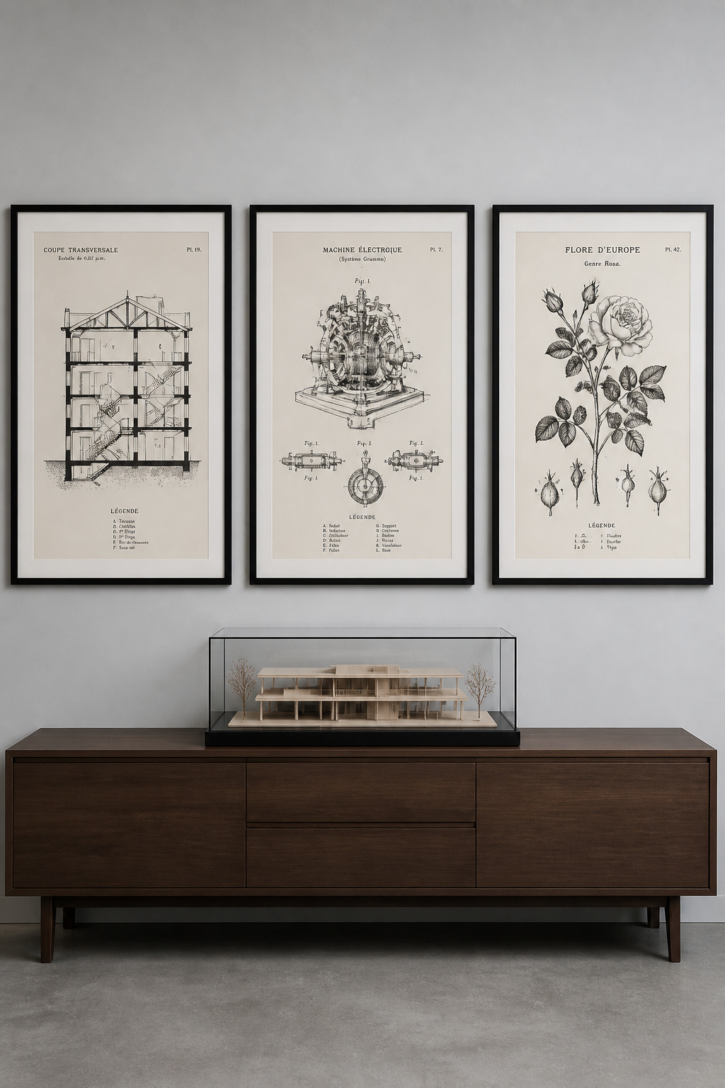 A triptych of framed vintage architectural drawings — building cross-section, mechanical diagram, and botanical study — hangs in a precise horizontal line above a dark walnut console in a cool grey living room.