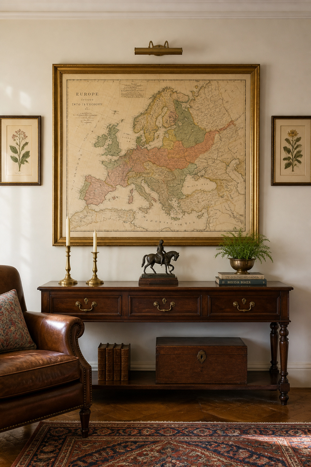 A large gilt-framed antique map of Europe in faded ochre and terracotta hangs above a dark walnut console, flanked by small botanical prints, in a warm traditional living room.