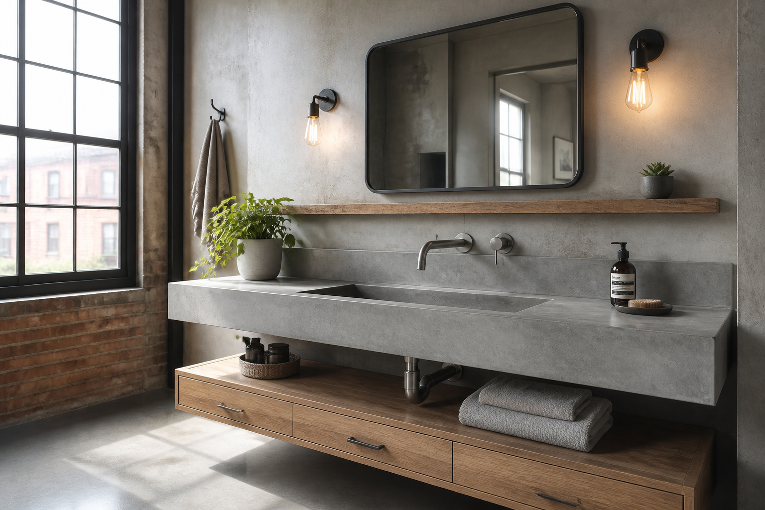 A concrete waterfall-edge bathroom vanity countertop in a modern industrial loft bathroom.
