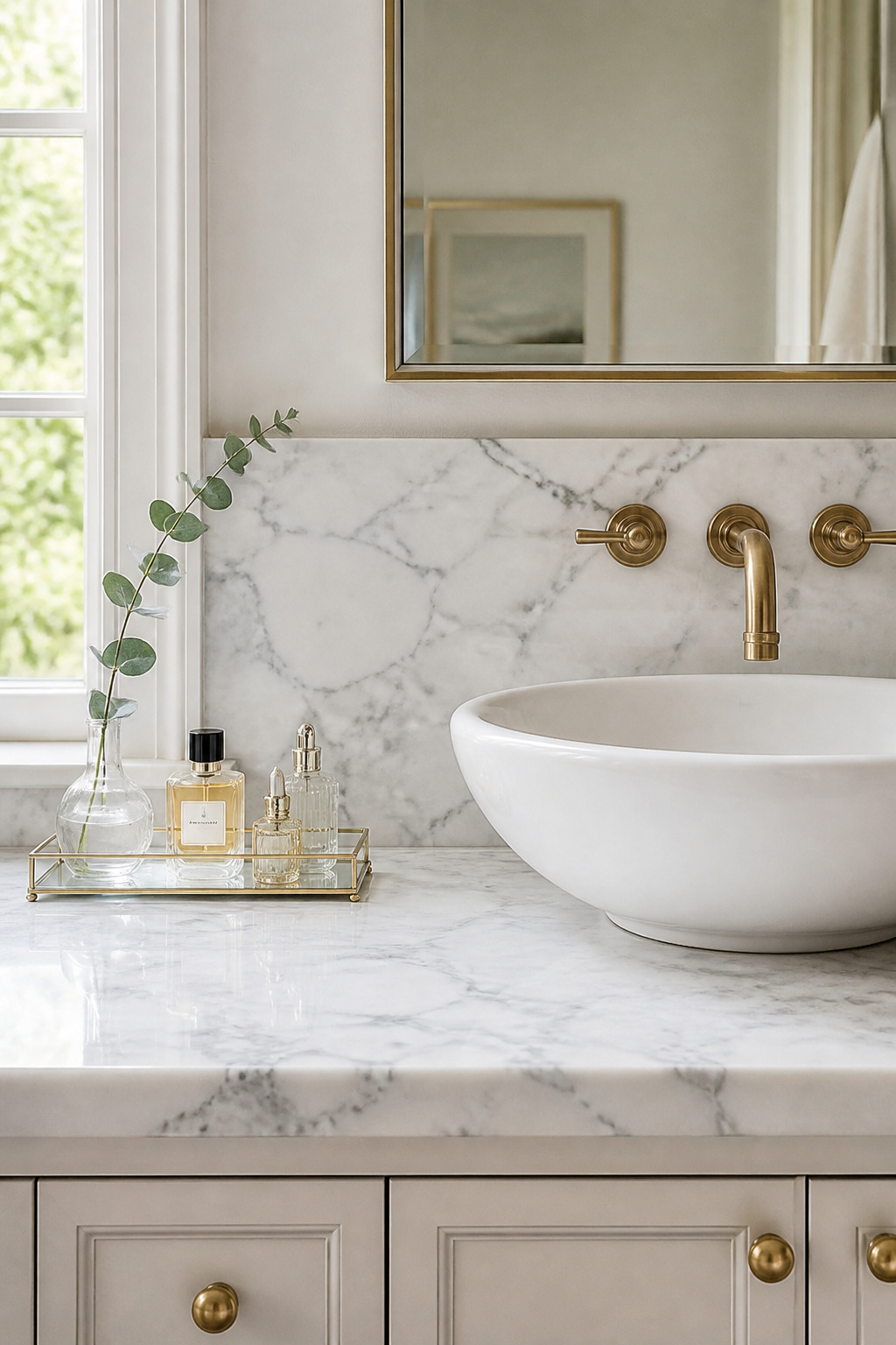 A Carrara marble vanity countertop with classic gray veining, paired with brushed brass fixtures.