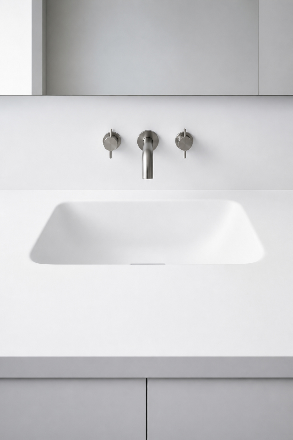 A white solid surface countertop with a sink integrated seamlessly, with no visible seam or grout line.