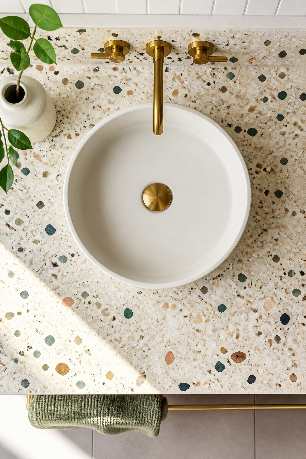 A cream terrazzo countertop with multicolor flecks surrounding a round vessel sink.