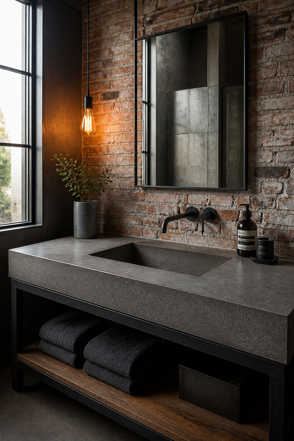 A hand-troweled concrete countertop in an industrial bathroom, paired with exposed brick and a matte black faucet.